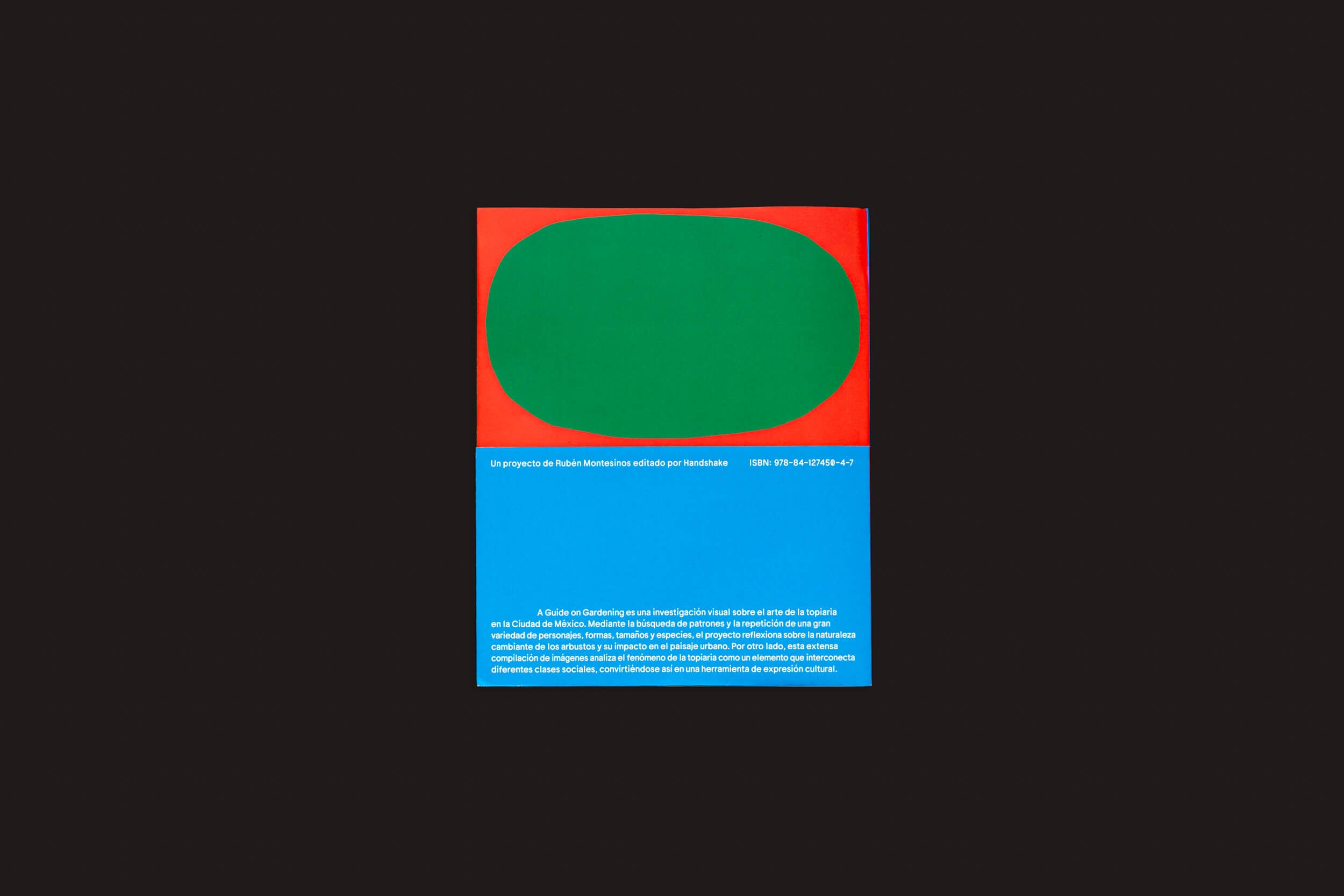 Uma obra de arte vertical combina expressão cultural com um oval verde proeminente em um fundo vermelho, transitando para azul sólido na parte inferior. Texto em espanhol branco centralizado na parte inferior evoca elementos de paisagem urbana.