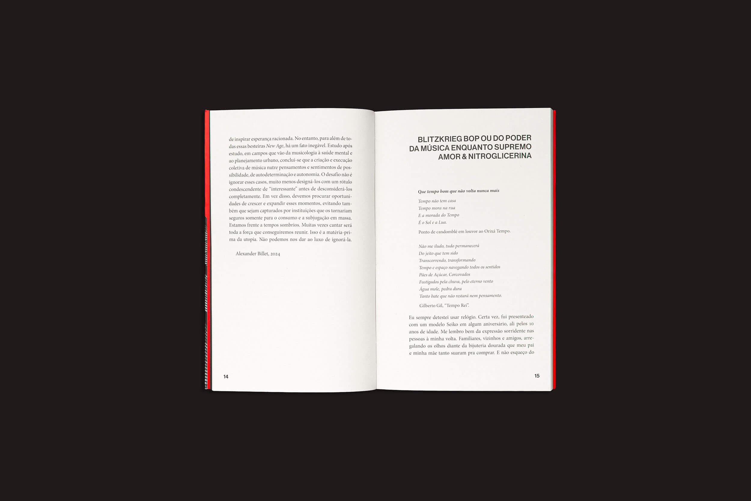 Um livro aberto, "Alexander Billet: Abalar a cidade – Música e capitalismo, espaço e tempo" de sobinfluência, repousa sobre um fundo escuro. A página da esquerda examina música e mudança social, enquanto a da direita traz a letra de "Blitzkrieg Bop" dos Ramones.