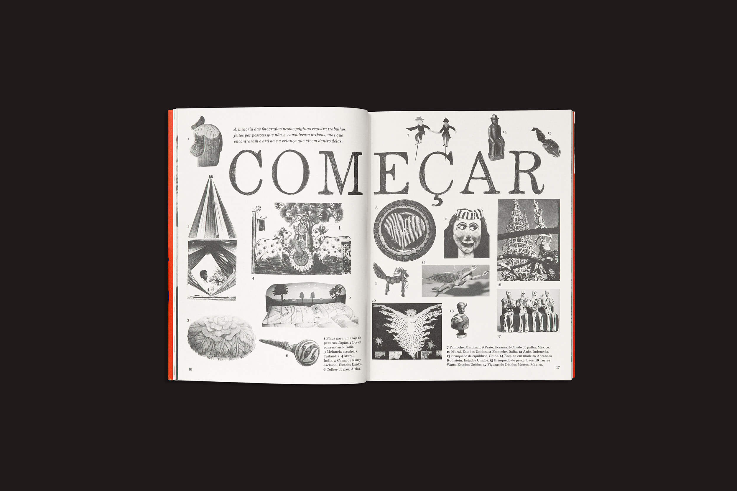 Um livro aberto exibe uma colagem com "COMEÇAR" em negrito em duas páginas, cercado por imagens clássicas em preto e branco de figuras, padrões e objetos em um fundo escuro, refletindo o espírito criativo de Corita Kent: Aprender de coração by Clube do Livro do Design.