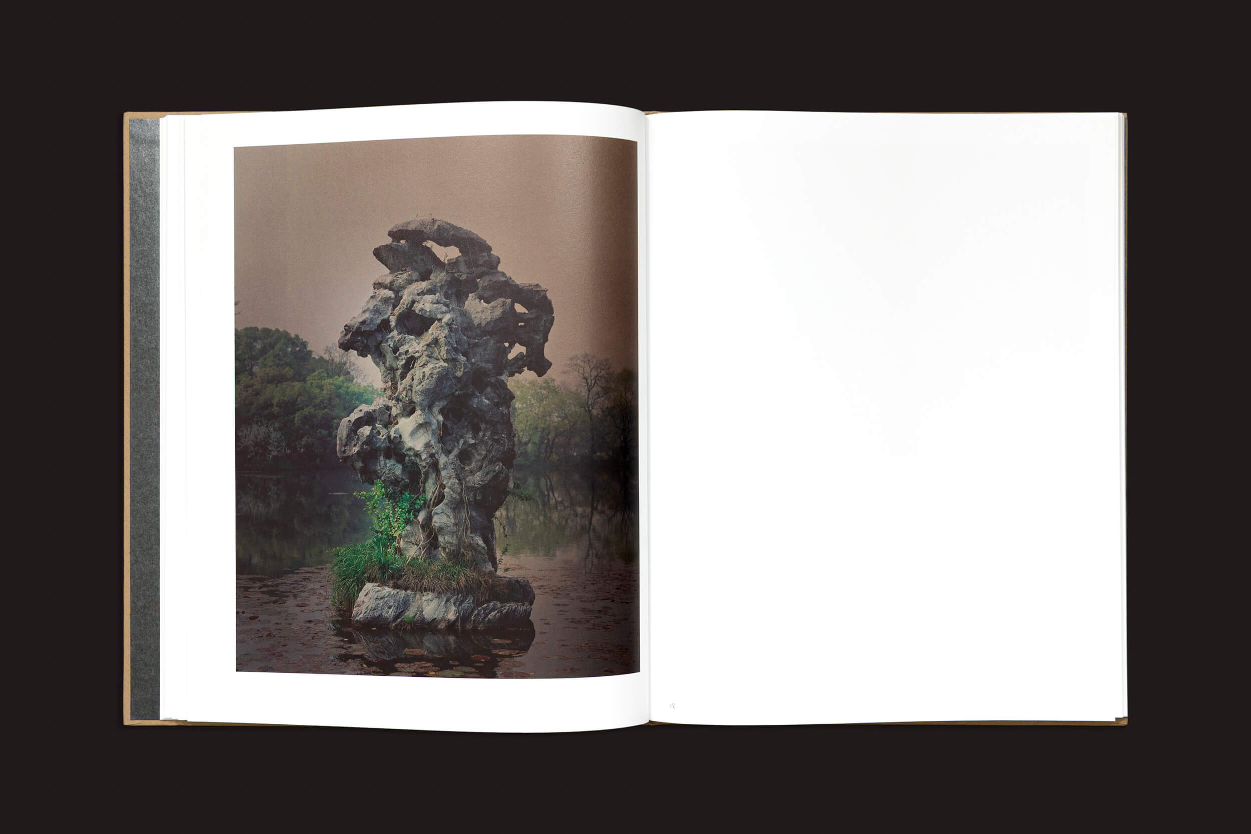 Em "Teresa Eng: China Dream", de Skinnerboox, o livro aberto exibe uma foto impressionante de uma formação rochosa texturizada refletida na água, com árvores ao fundo à esquerda, sugerindo temas de identidade fragmentados. A página da direita está em branco para reflexões pessoais.