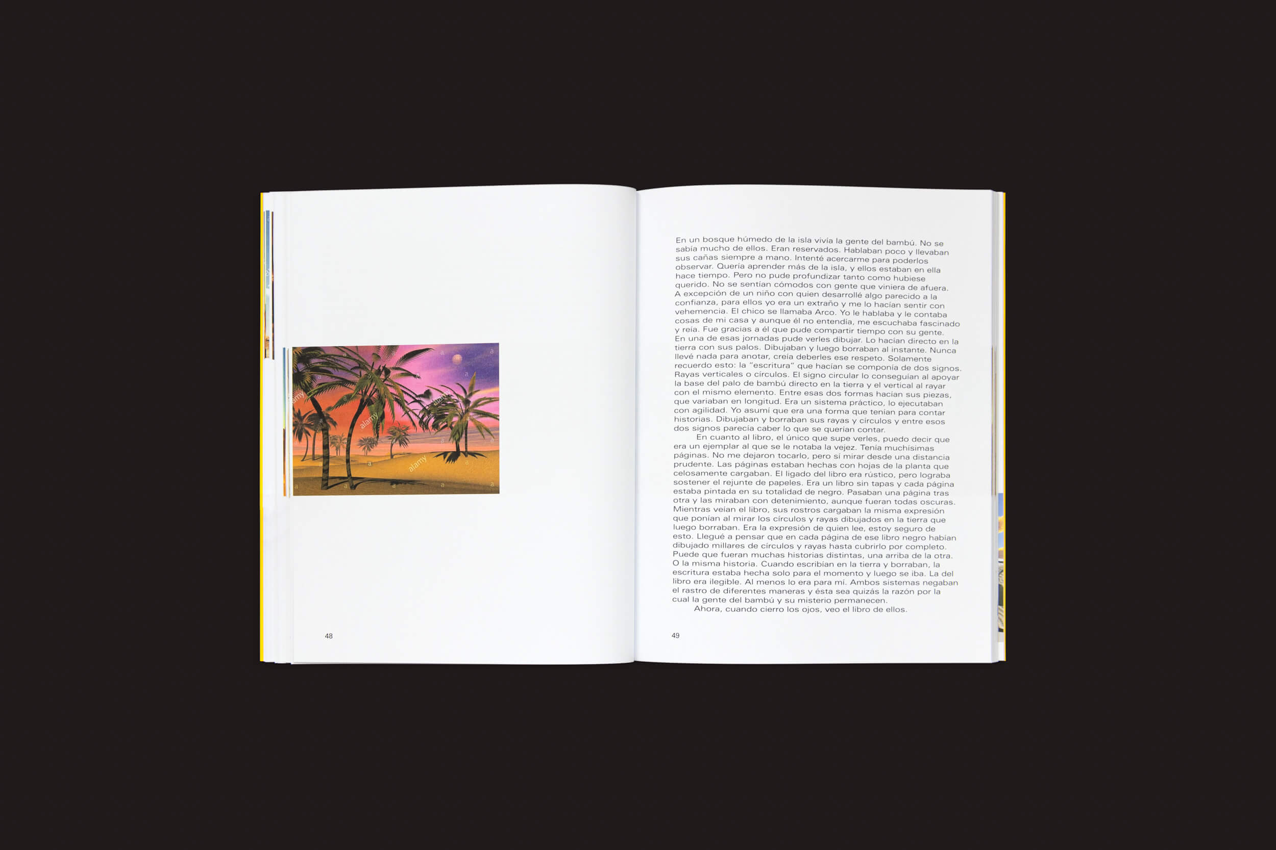 Um livro aberto, Martín Bollati: El mundo es un tubo da SED Editorial, repousa sobre um fundo preto. A página da esquerda exibe uma cena desértica com palmeiras sob um céu rosa e roxo que lembra uma ilha no Oceano Atlântico, enquanto a página da direita exibe texto em fonte serifada.