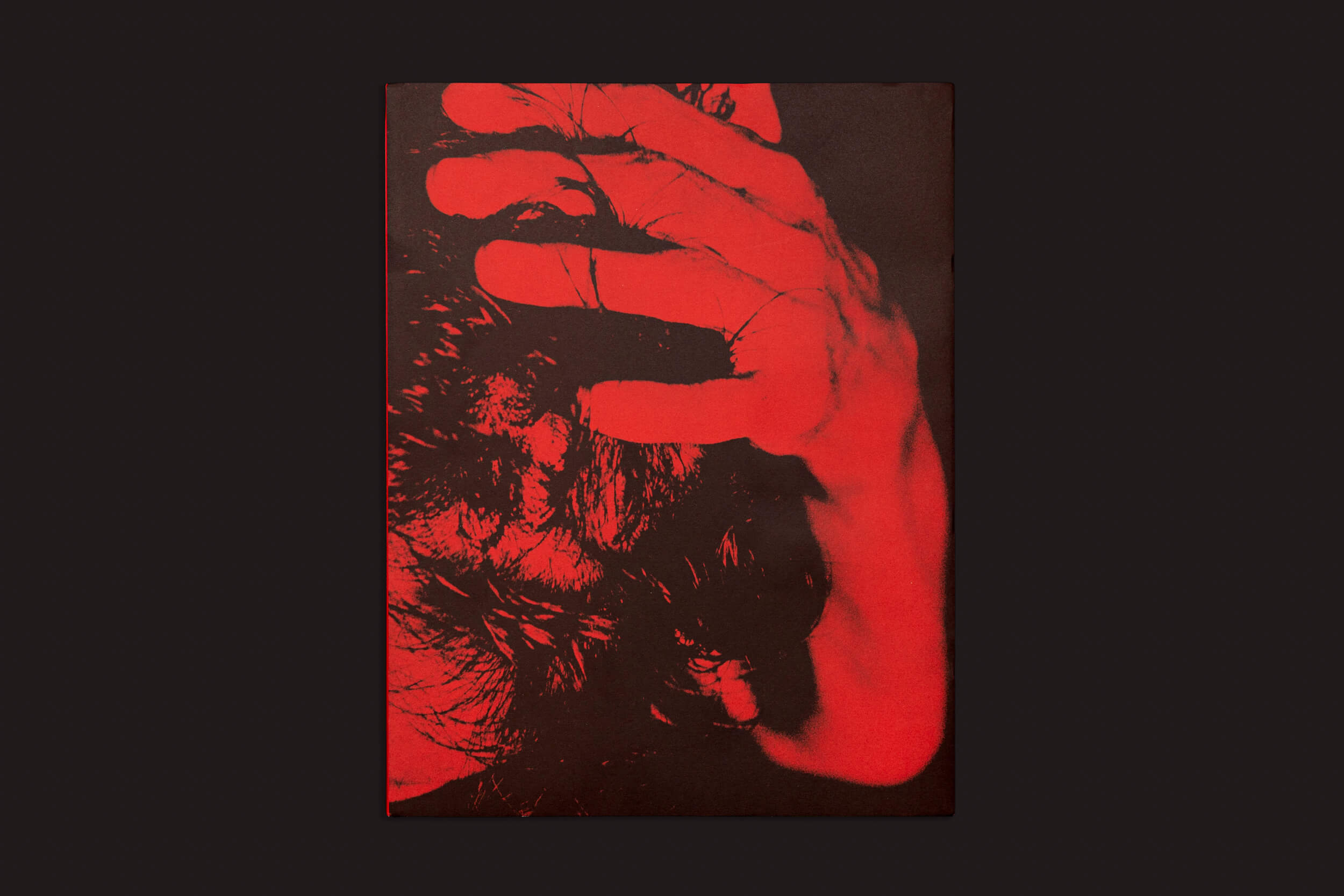 A fotografia vibrante em vermelho e preto em "FLASHPOINT! Protest Photography in Print, 1950–Present" da 10x10 Photobooks captura uma mão segurando uma cabeça com os dedos abertos sobre cabelos escuros. Seu alto contraste e cores intensas evocam uma poderosa sensação de força e resistência.