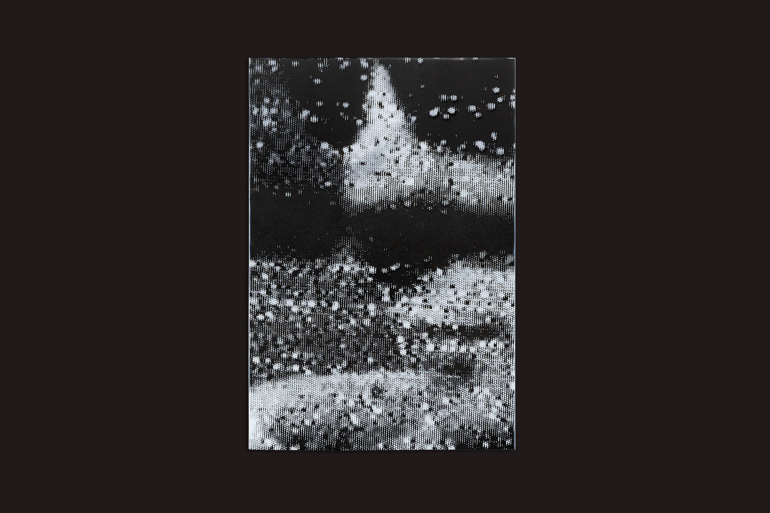 A obra "Eu sei que existo porque você me imagina", de Gui Marcondes, da Nearest Truth Editions, apresenta uma imagem pixelada em preto e branco que lembra uma tela de TV coberta de neve. Suas texturas variadas e pontos brancos dispersos sobre o preto criam uma experiência que reflete a incerteza humana por meio do movimento e da profundidade.