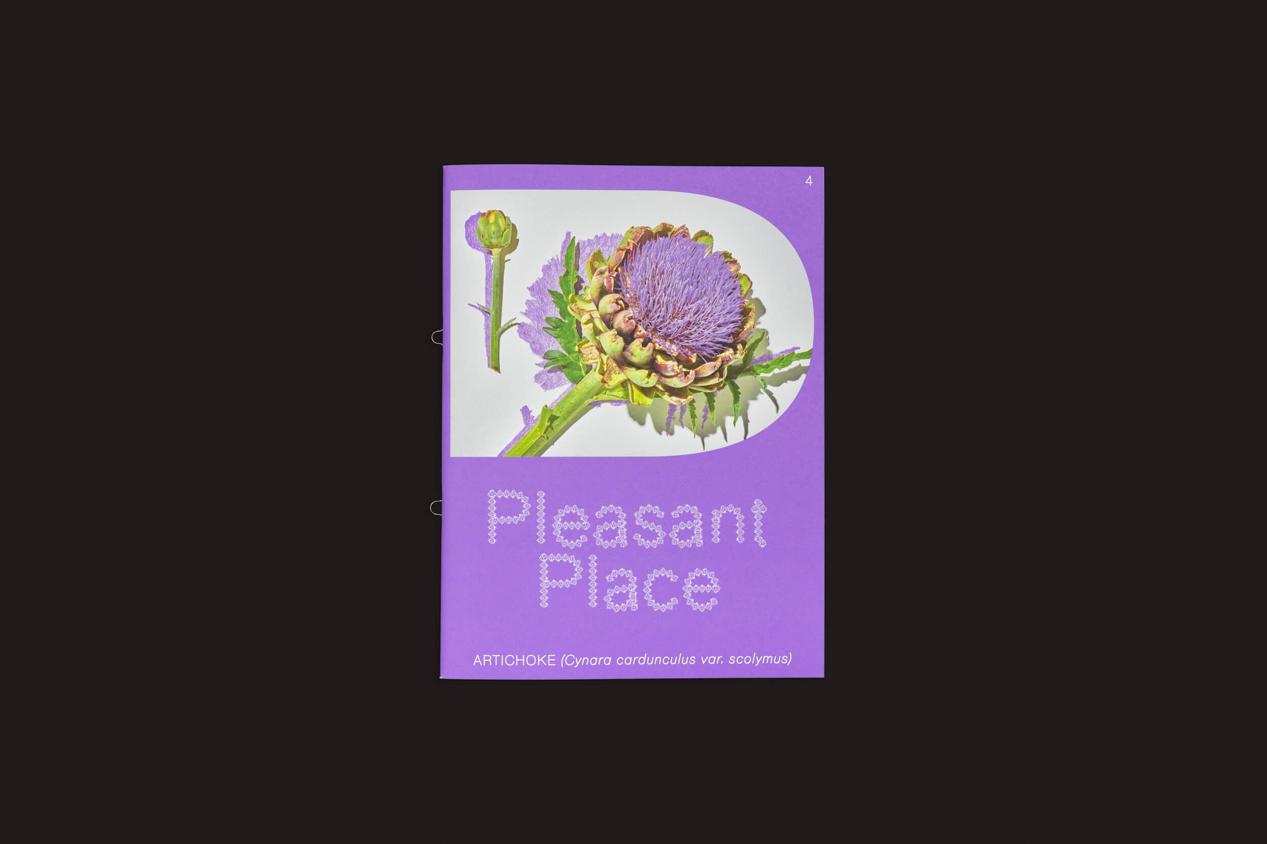 Um pôster preto apresenta uma ilustração de alcachofra com Pleasant Place em texto grande e ALCACHOFRA (Cynara cardunculus var. Scolymus) abaixo, celebrando alcachofra em jardinagem, tudo em branco sobre um fundo roxo.