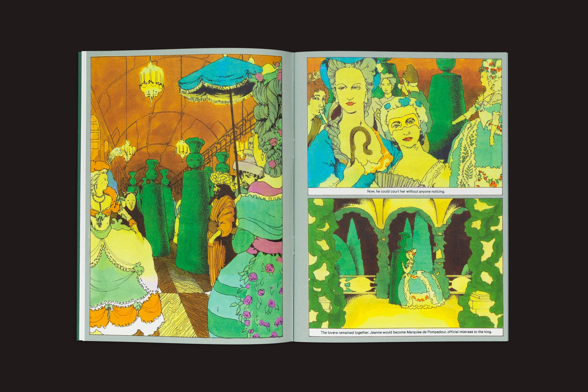 O livro aberto Pleasant Place 6: Topiary, de Pleasant Place, destaca pessoas em trajes vintage sob um teto abobadado à esquerda e, à direita, mostra close-ups de duas mulheres e uma mulher abraçando topiário em um jardim.