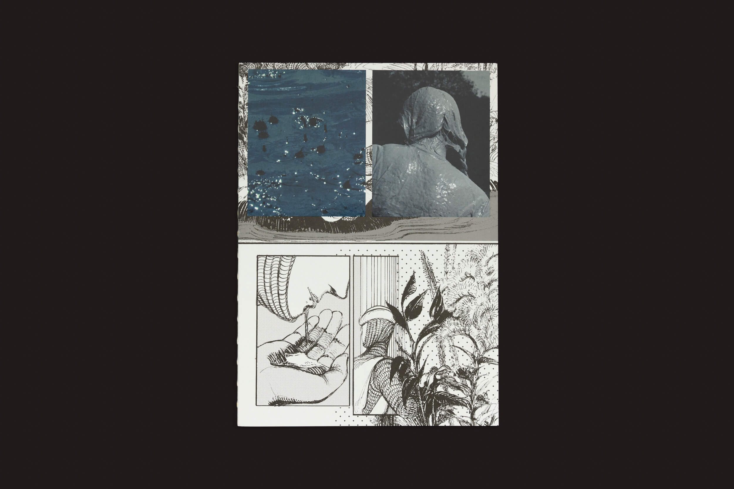 A edição anual da Lagon Revue, Lagon #7: Pluie, apresenta arte abstrata com quatro seções: superfície azul texturizada (canto superior esquerdo), uma forma de figura velada (canto superior direito), um esboço de mão (canto inferior esquerdo) e folhagem esboçada com formas abstratas (canto inferior direito).