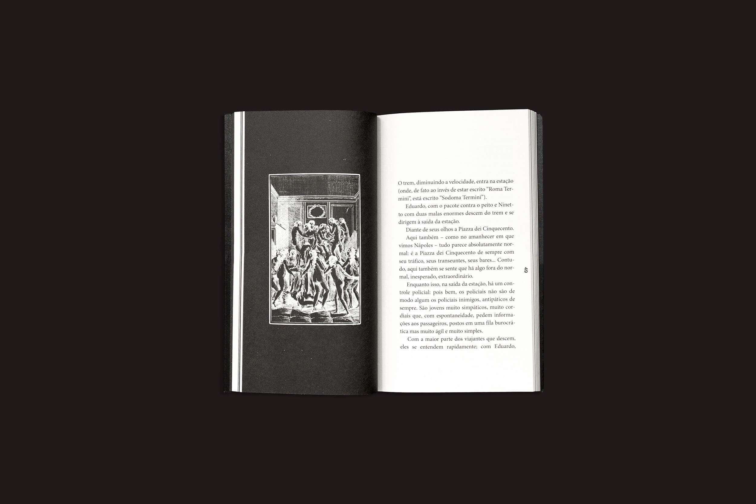 Um livro aberto contra um fundo preto exibe uma ilustração na página esquerda, evocando as visões de Pier Paolo Pasolini com sombreamento escuro e alto contraste. A página direita apresenta texto em português, possivelmente sugerindo as utopias em "Pier Paolo Pasolini: Porno-Teo-Kolossal" de sobinfluencia.