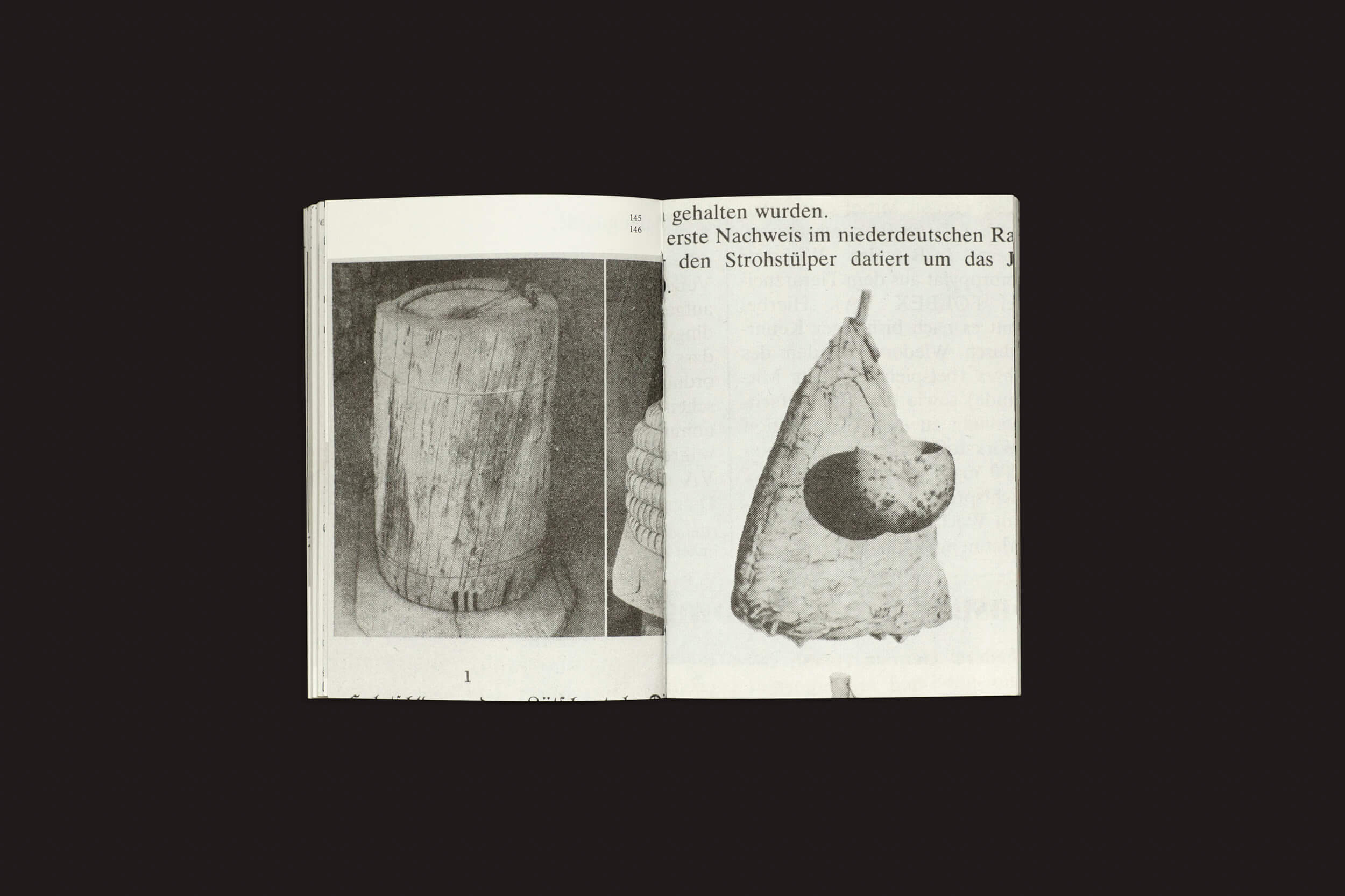 Um livro aberto, Aladin Borioli: Hives da RVB Books, revela um objeto cilíndrico de madeira à esquerda e uma forma cônica com uma pequena esfera à direita. Em meio a algum texto em alemão, há uma visão sobre colmeia moderna, sugerindo inovações em colmeias.