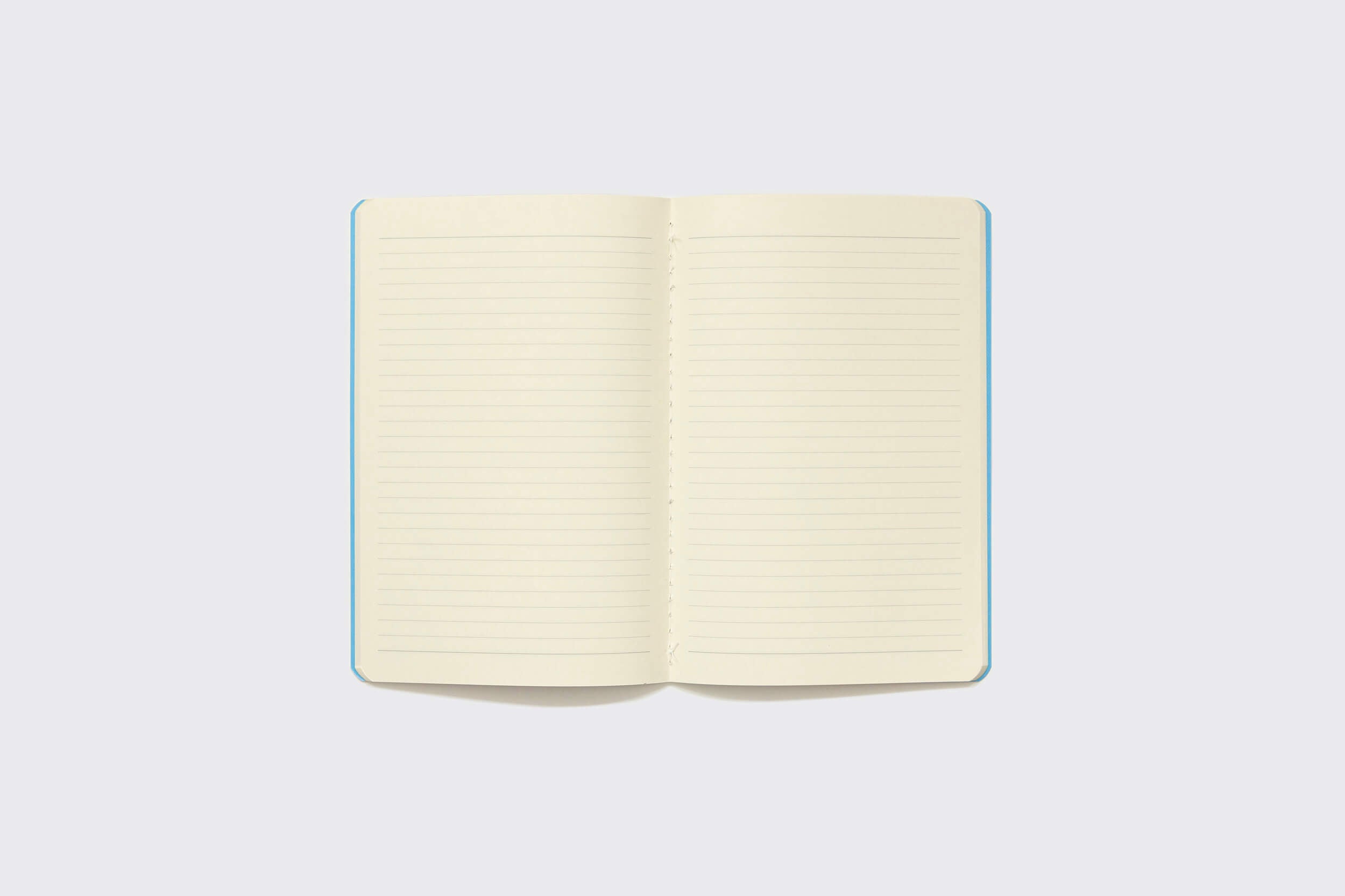 Um Caderno Flexível: Mirtilo da Schizzibooks com páginas pautadas e capa azul-claro está deitado sobre um fundo branco, centralizado na imagem, exibindo suas páginas vazias prontas para serem escritas.