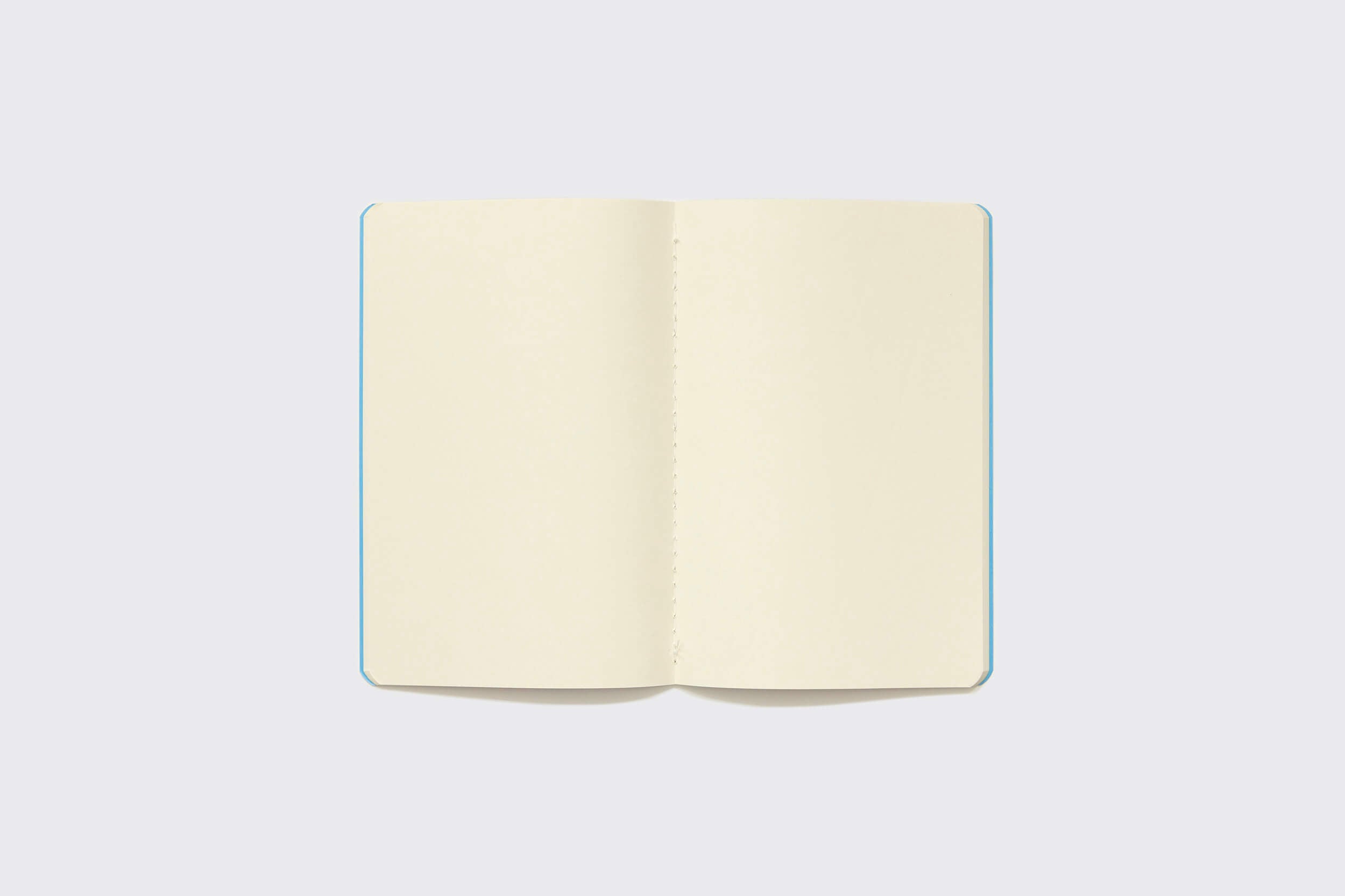 O Schizzibooks "Caderno Flexível: Mirtilo", com capa azul-claro e páginas na cor creme, é habilmente feito à mão para ficar plano sobre um fundo cinza-claro.