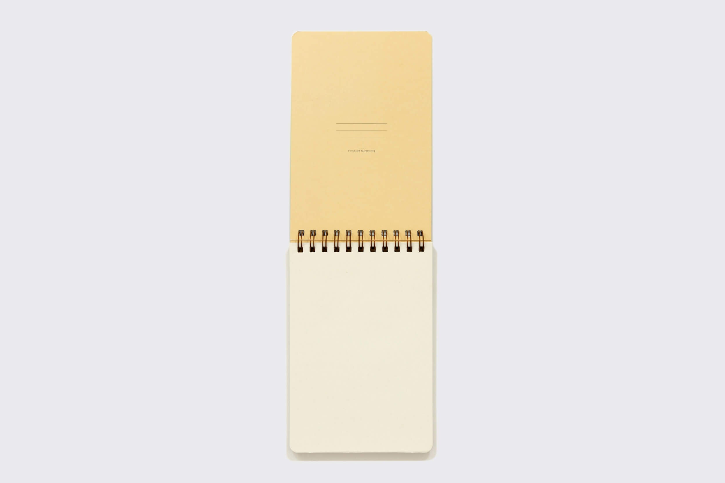 O Caderno Reporter: Nórdico da Schizzibooks, com capa marrom e páginas brancas em branco, é colocado sobre uma superfície cinza claro. O caderno aberto com espiral apresenta uma encadernação de bronze wire-o, exibindo elegantemente sua metade superior da capa e a metade inferior das páginas vazias.