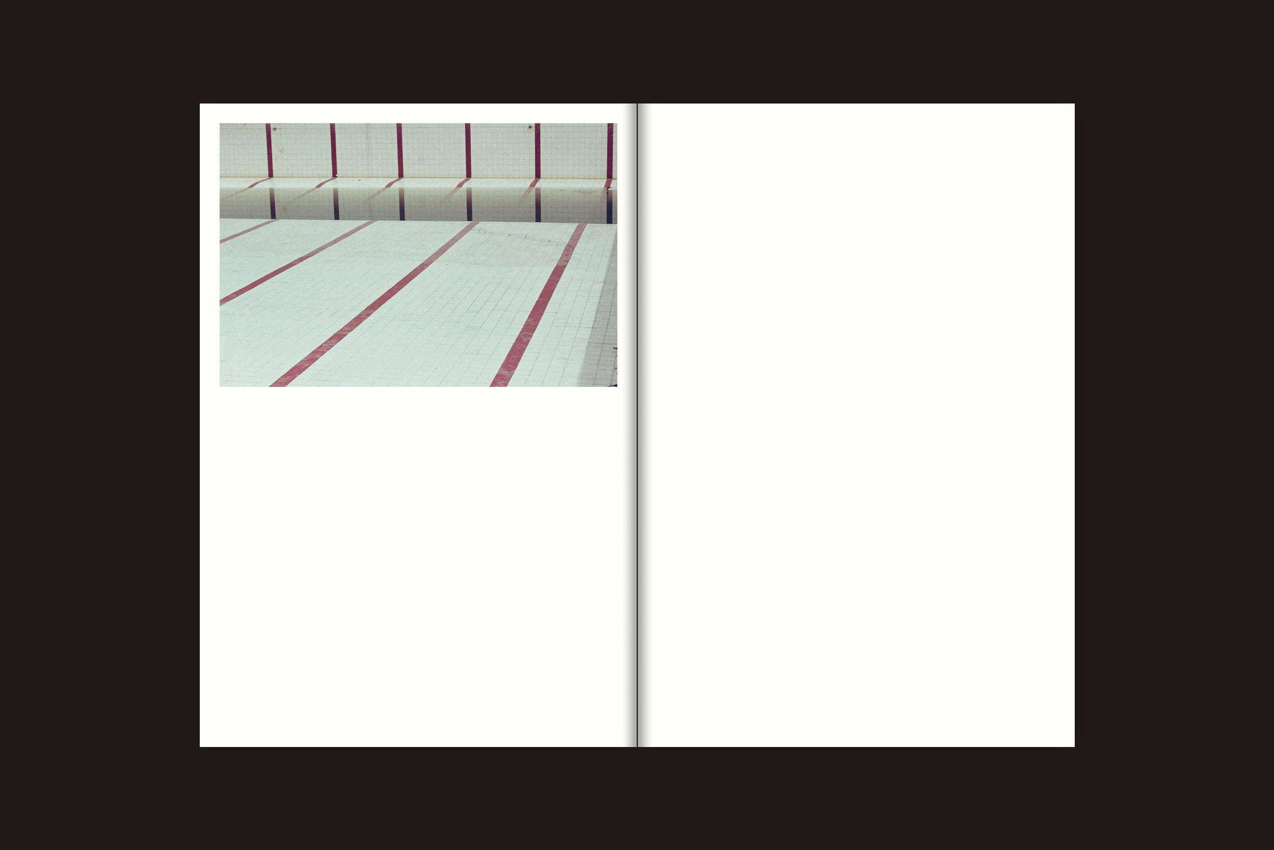 Uma página de "Tiago Lima: Nado", do Selo Turvo, apresenta uma foto do piso de azulejos de uma piscina vazia e marcações de raia na página superior esquerda; a página oposta está em branco com uma borda preta.
