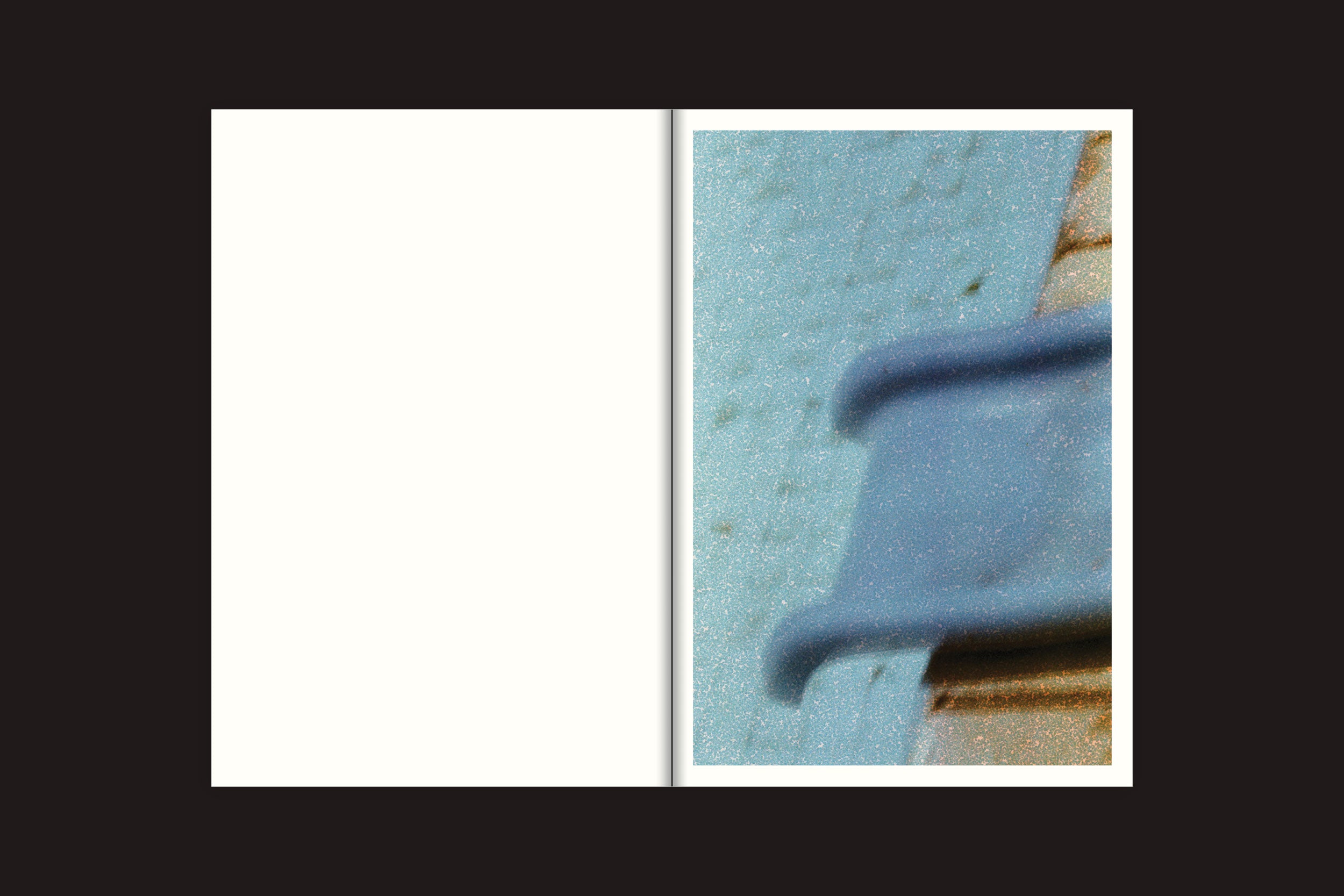 Uma cópia aberta de "Tiago Lima: Nado", de Selo Turvo, mostra uma página esquerda branca em branco e uma página direita com uma foto em close-up borrada de um objeto azul e marrom contra um fundo azul claro texturizado.