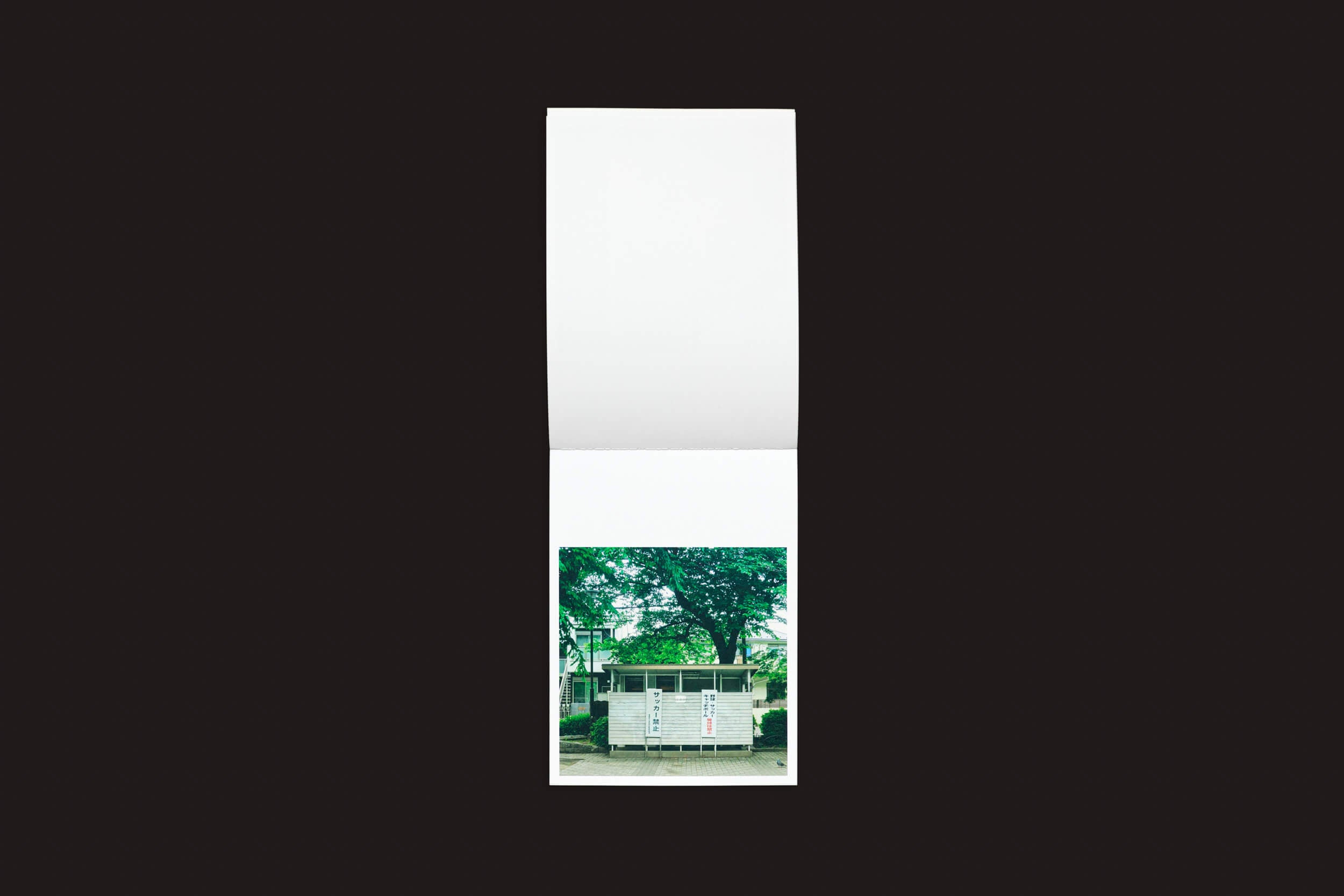Um pequeno livro de fotos aberto com Hidefumi Nakamura: Toilets a Go Go! da Handshake revela uma foto vibrante de um prédio branco com uma bandeira listrada, situado em meio a uma vegetação exuberante. A imagem marcante se destaca contra o fundo preto do livro, lembrando o talento de um fotógrafo japonês.