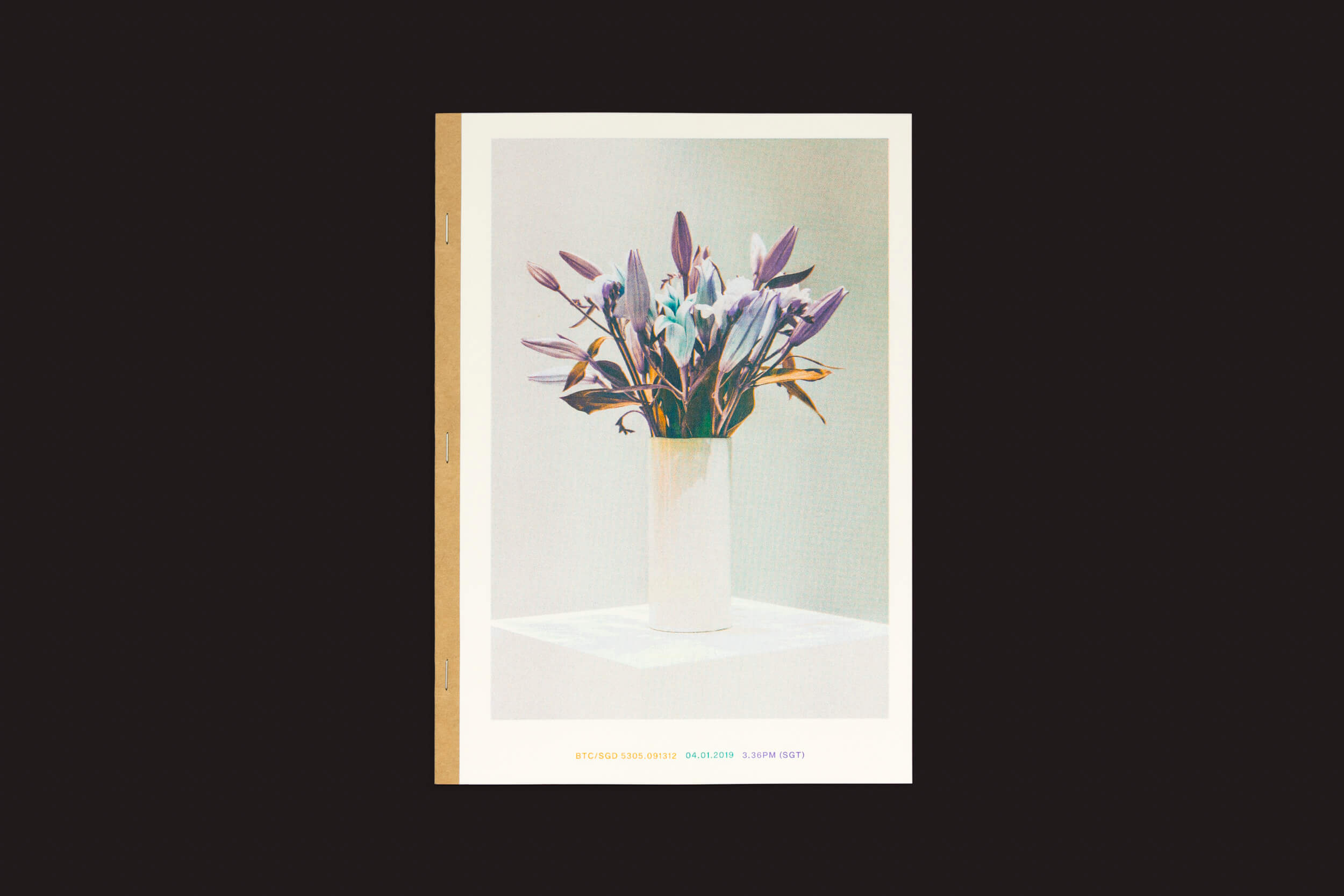 O Xavier Antin: Vanishing Workflows da Temporary Press é um pôster minimalista com um buquê abstrato de flores roxas em um vaso branco sobre uma mesa. Refletindo o estilo de Antin, ele contrasta com o fundo escuro por meio de texto suave e barras coloridas, misturando perfeitamente tecnologia e natureza.