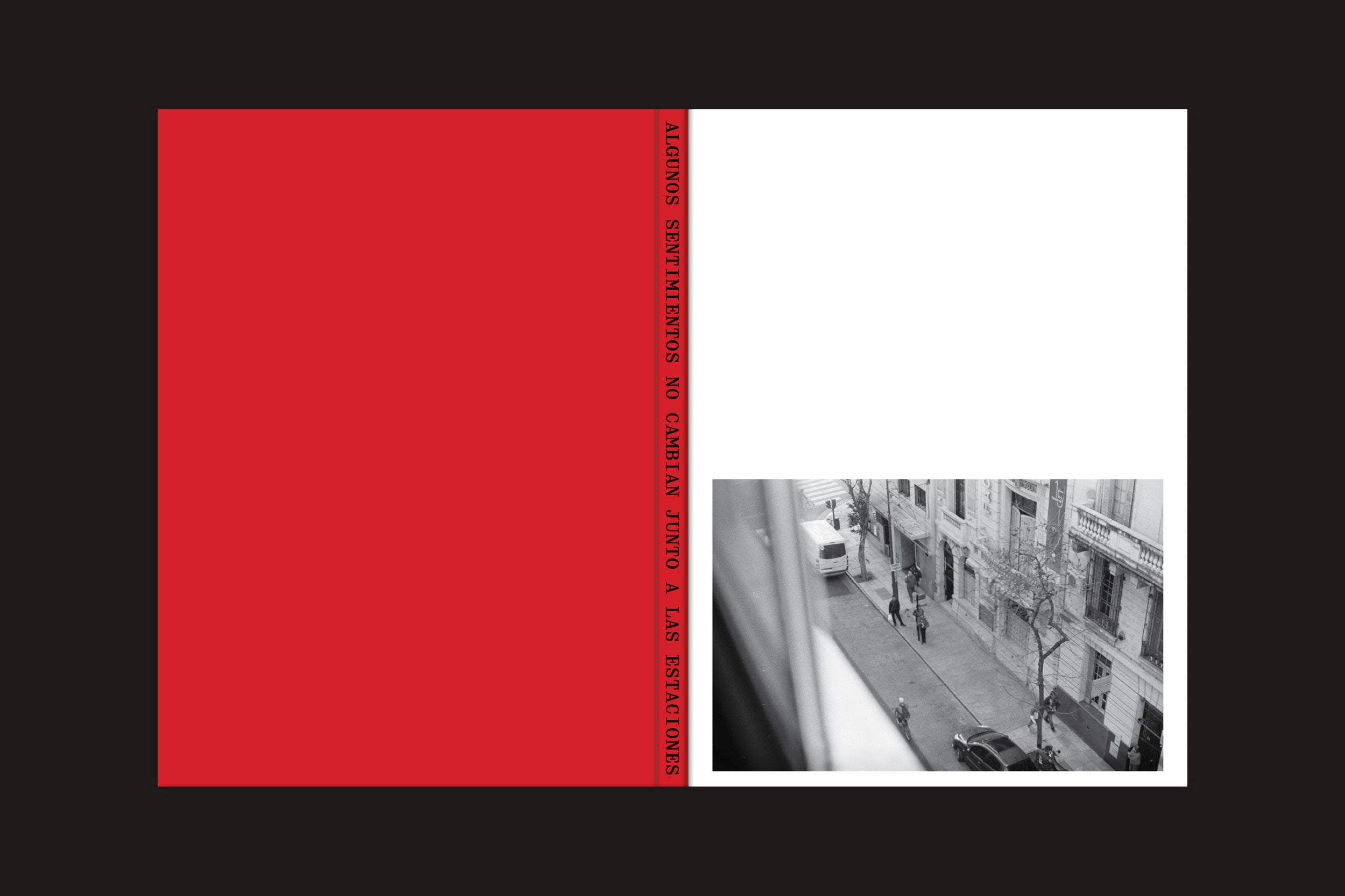 A capa de "André Djanikian: Algunos sentimientos no cambian junto a las estaciones", de Selo Turvo, apresenta um lado esquerdo vermelho sólido, um lado direito branco com uma cena de rua em preto e branco e um texto vermelho vertical na lombada com o título.