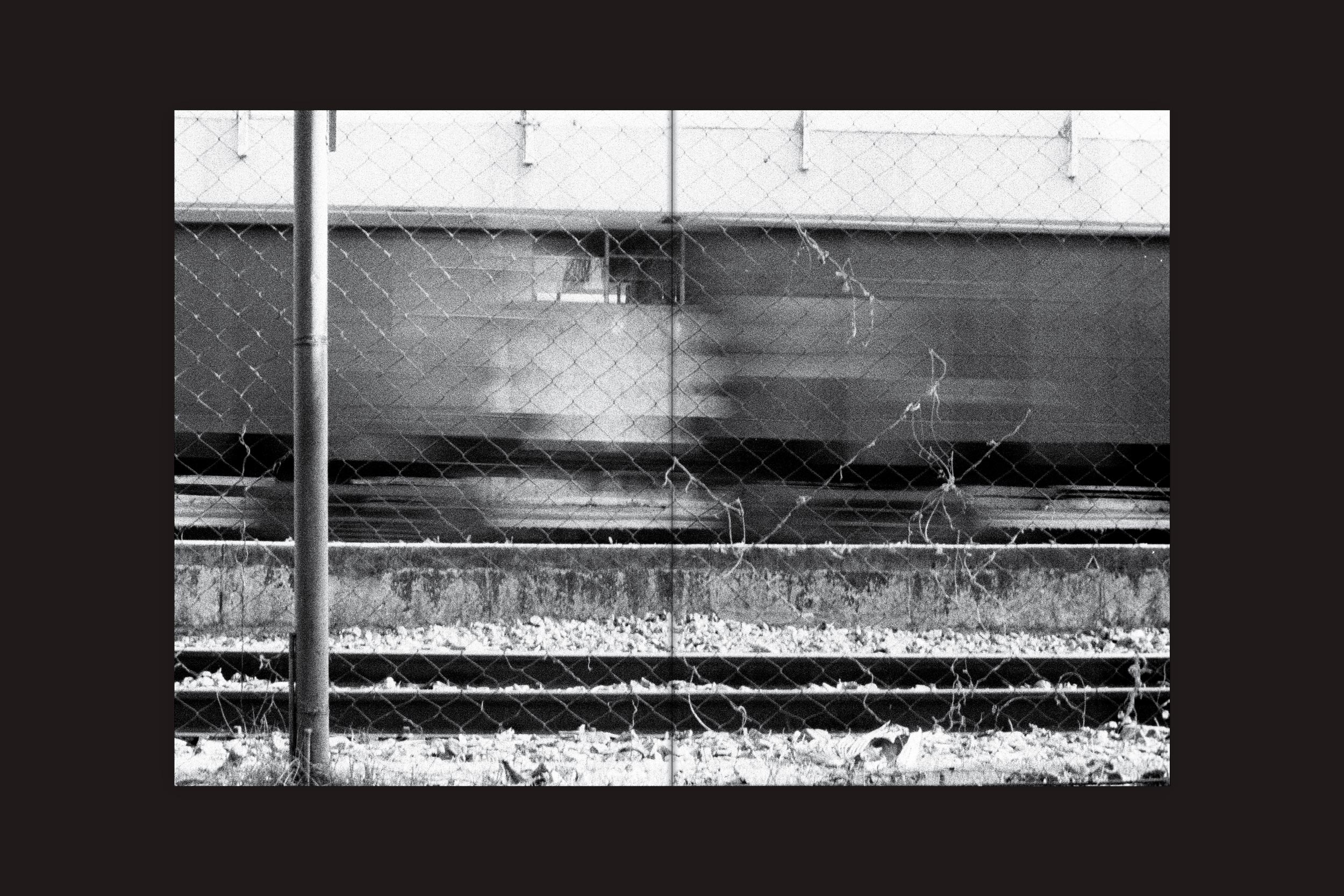 Um trem borrado passa apressado por trás de uma cerca de arame e folhas de outono, evocando solidão e existência fragmentada - capturado em preto e branco para "André Djanikian: Algunos sentimientos no cambian junto a las estaciones" do Selo Turvo.