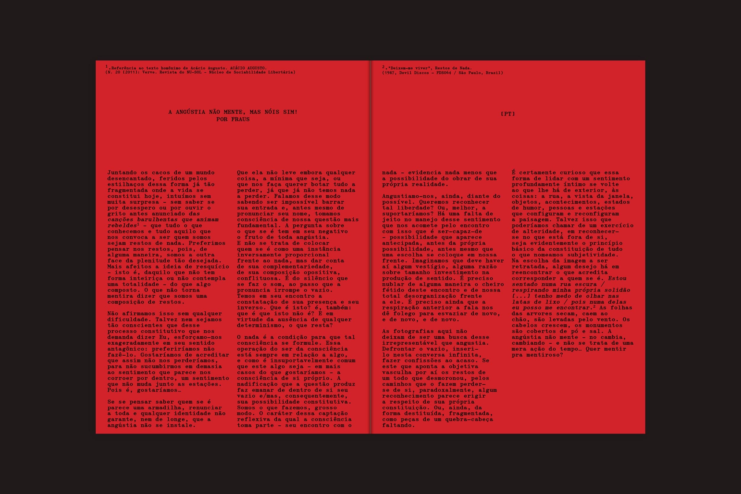 Uma página com duas colunas de texto preto em espanhol, intitulada "André Djanikian: Algunos sentimientos no cambian junto a las estaciones", do Selo Turvo. A fonte serifada e o layout evocam uma revista, refletindo sobre a memória e a existência fragmentada.