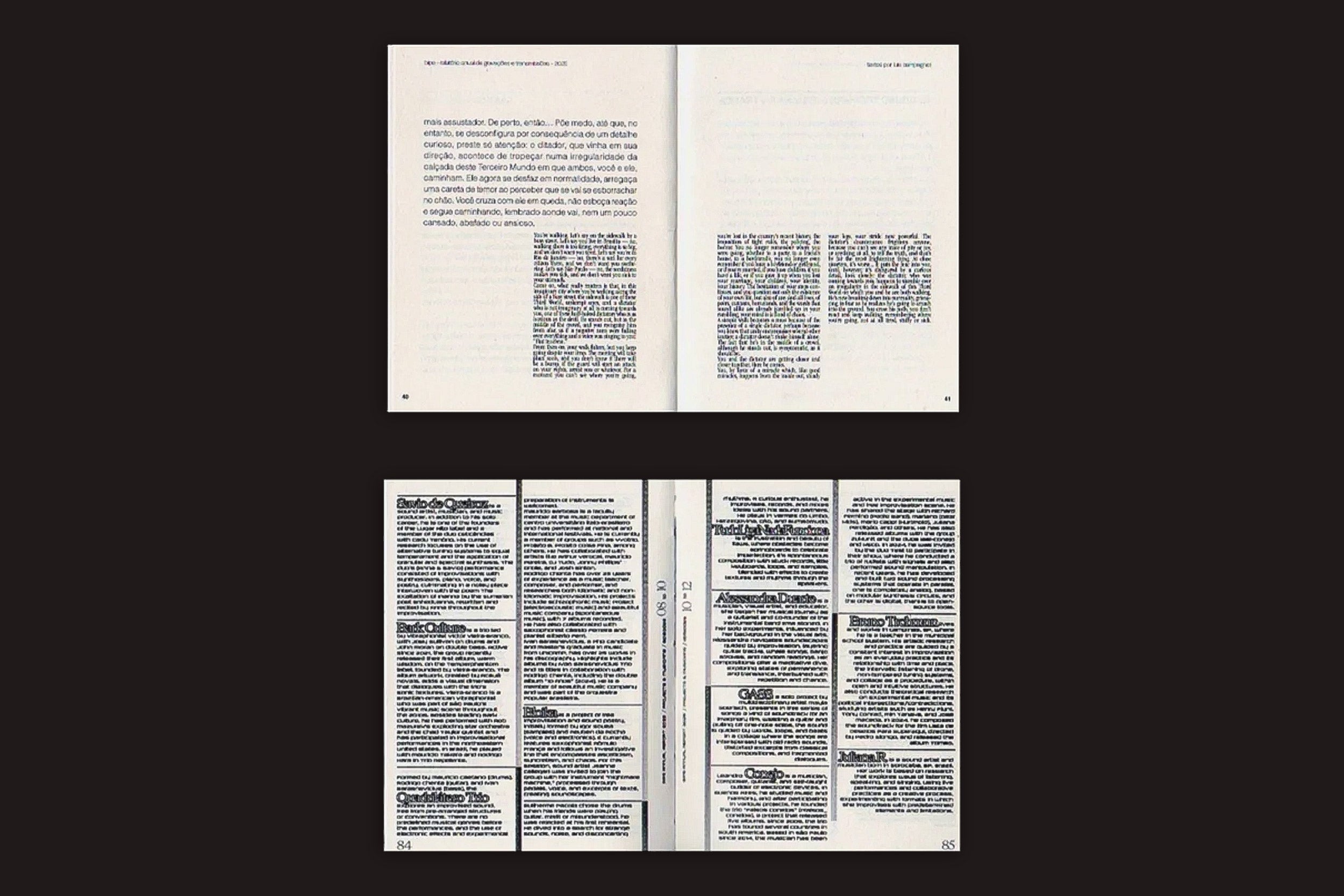 Dois livros abertos em um fundo escuro. A parte superior mostra colunas padrão, enquanto o layout denso da parte inferior ecoa as listas clássicas de faixas de cassetes - espelhando o BIPE: Primeiro Relatório Anual de Gravações 2024 - 2025 do BIPE.