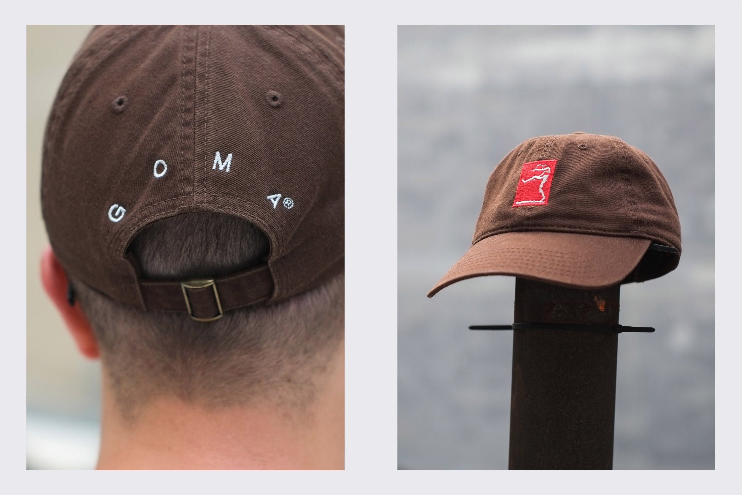 Imagem dividida: A esquerda mostra a parte de trás da cabeça de uma pessoa em um Boné Dadhat #01 — Chute com texto branco em marrom; a direita exibe a frente em um suporte, destacando seu design bordado retangular vermelho. Feito de 100% algodão, este importado da GOMA® combina estilo e conforto.