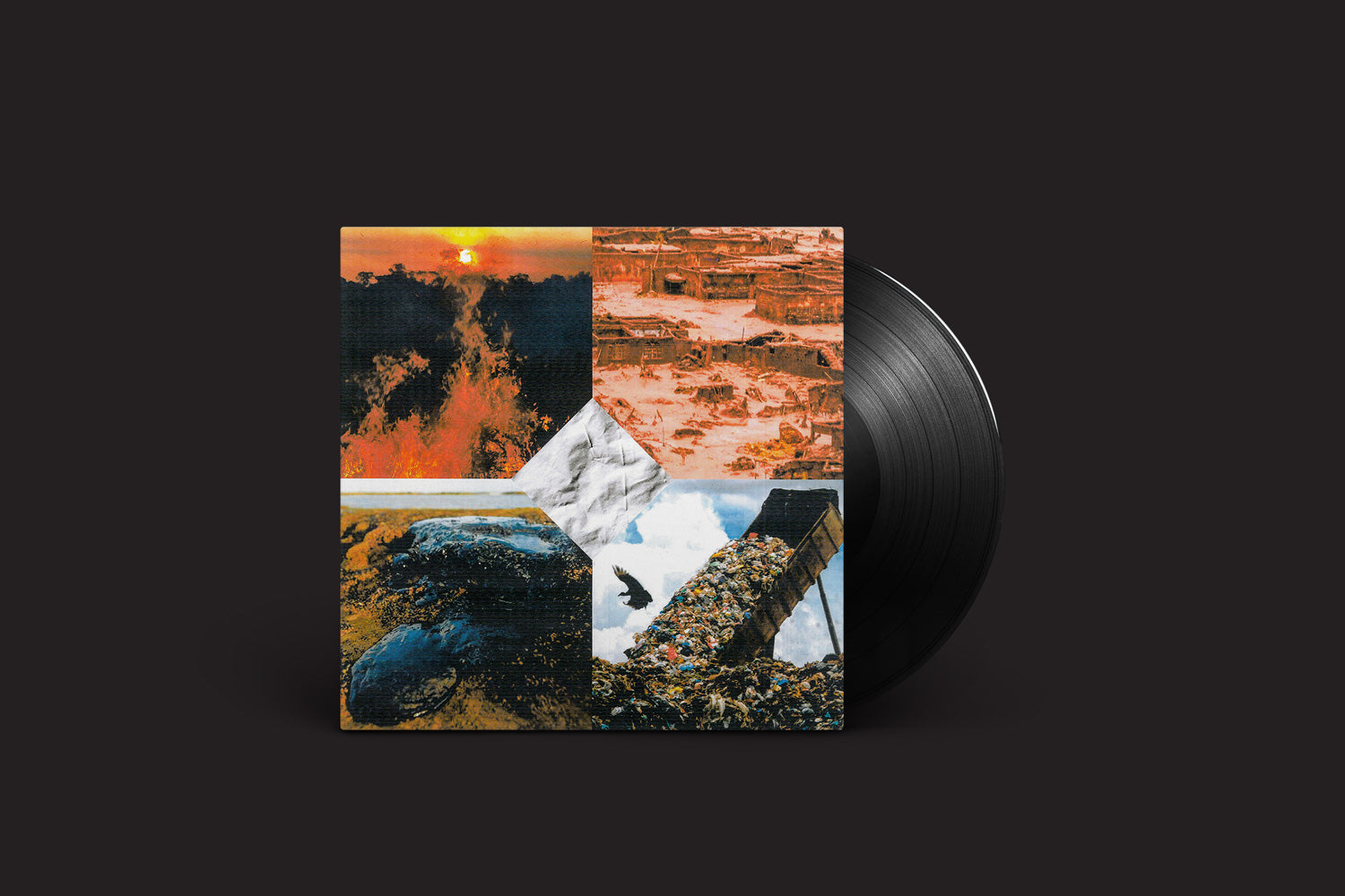 Deaf Kids: O vinil Ritos Do Colapso, da Nada Nada Discos, apresenta uma capa com quatro imagens de colagem - uma paisagem de fogo, um assentamento degradado, montanhas nevadas e um aterro sanitário com um pássaro - emolduradas por um fundo marrom escuro que reflete seu estilo punk brasileiro.