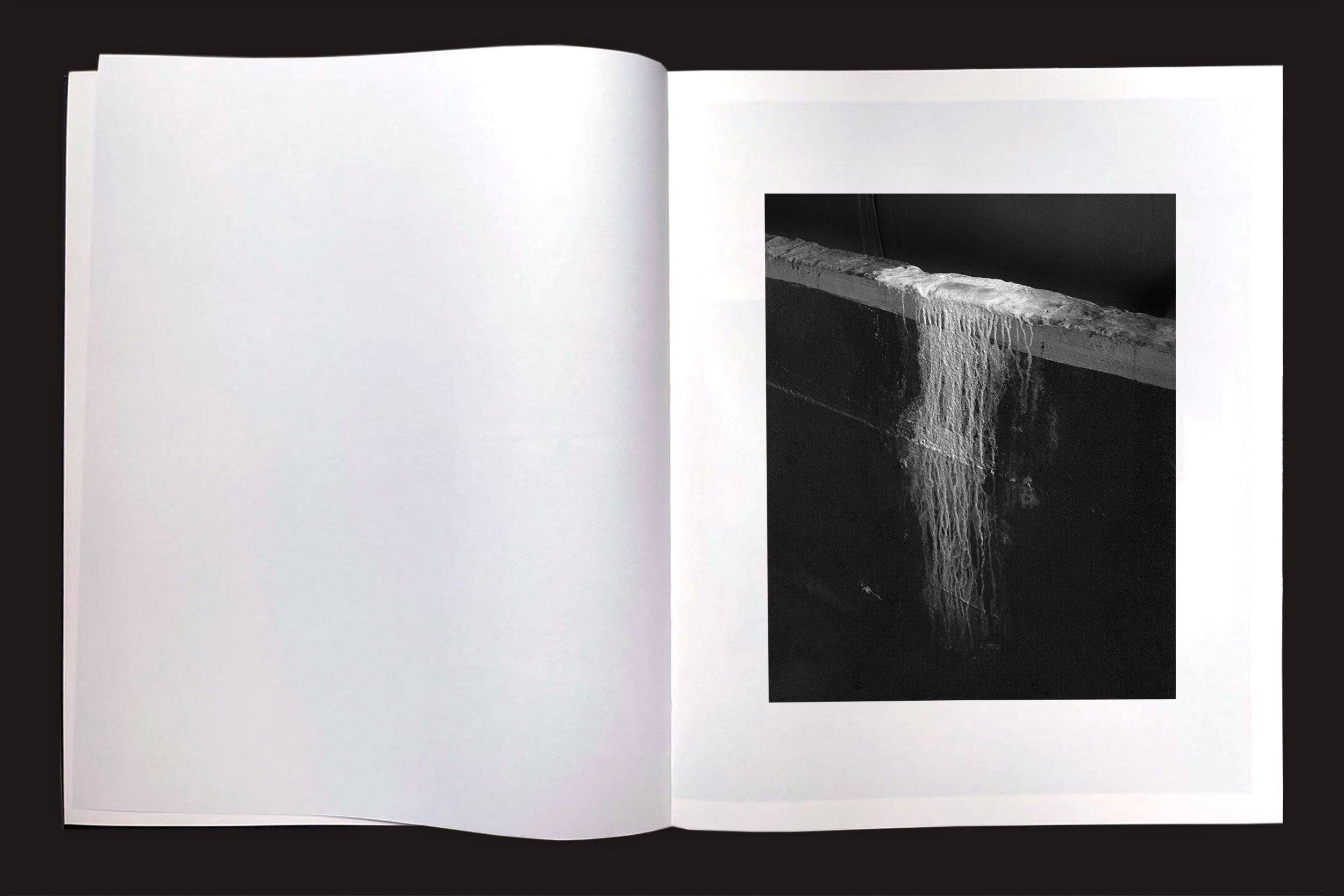 Um livro aberto, Felipe Russo: Garagem Automática by Auto-edição, exibe uma foto em preto e branco de macarrão pendurado em uma borda contra um fundo escuro; a página oposta está em branco - uma sutil referência à arquitetura de garagem de São Paulo.