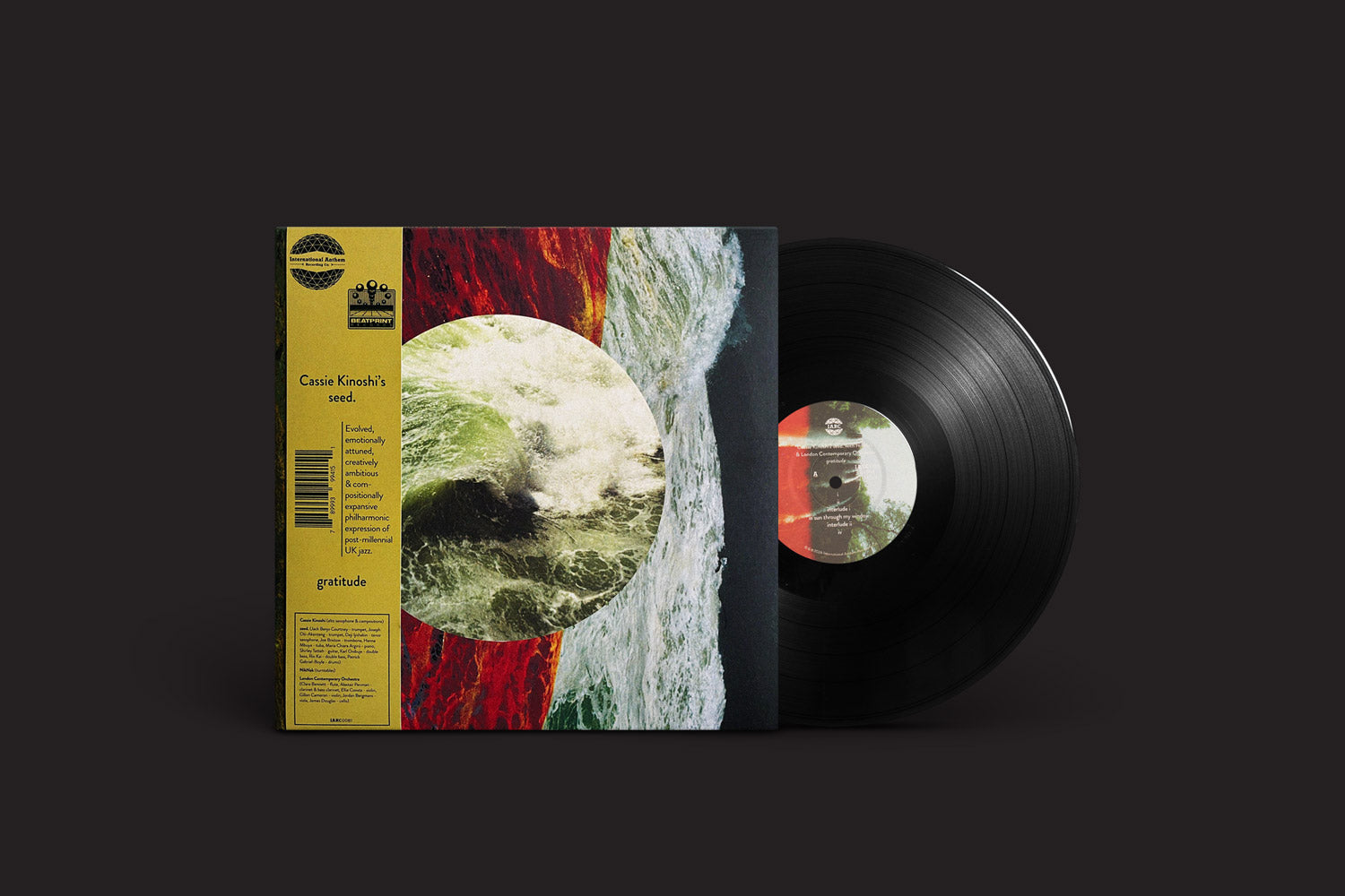 Um disco de vinil parcialmente fora da capa apresenta uma capa inspirada na natureza com ondas e texturas vibrantes. À esquerda, uma lista de faixas amarela em negrito lista composições de Cassie Kinoshi. O fundo escuro acentua seu design marcante, evocando vibrações de jazz contemporâneo. Produto: Seed.: Gratitude da International Anthem Recording Company.