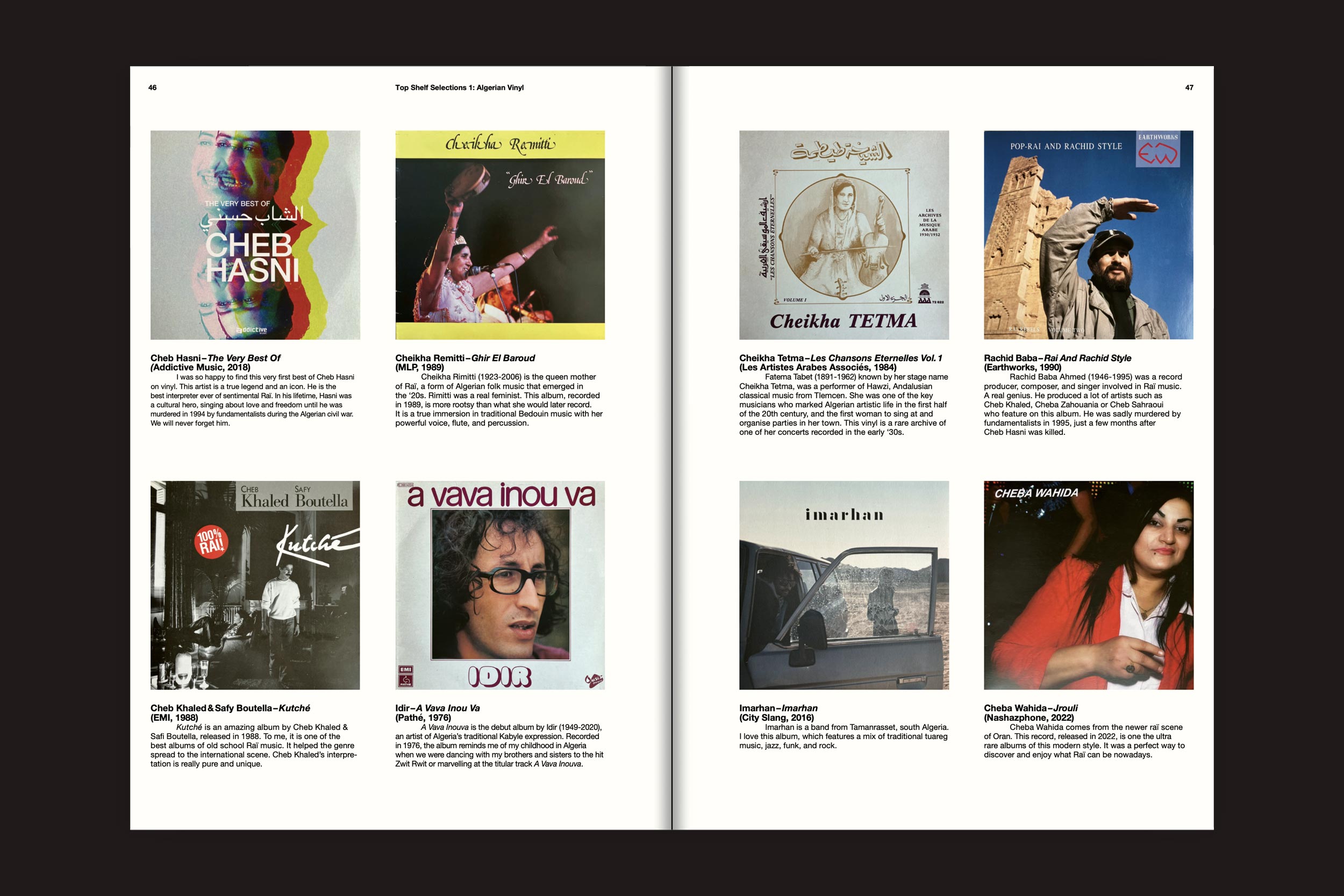 A Habibi Funk Print 001: Spotlights Magazine da Habibi Funk apresenta uma página com duas capas de álbuns e informações sobre artistas do norte da África em um fundo branco com bordas pretas - perfeita para os fãs de música árabe.