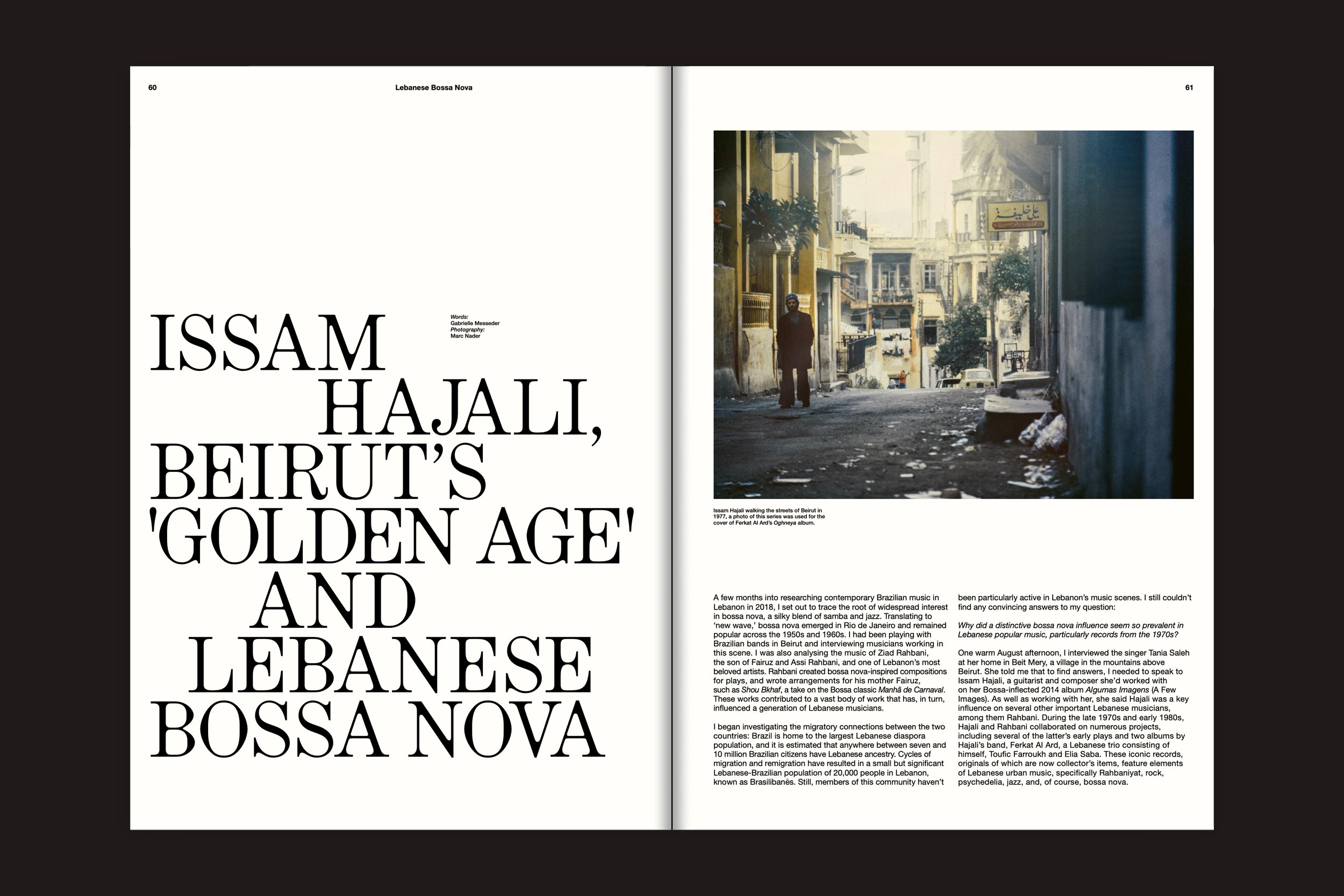 Uma página da Habibi Funk Print 001: Spotlights Magazine apresenta um texto em negrito, "Issam Hajali, Beirut's 'Golden Age' and Lebanese Bossa Nova", ao lado de uma foto de rua e uma crítica musical sobre Beirute e Issam Hajali.
