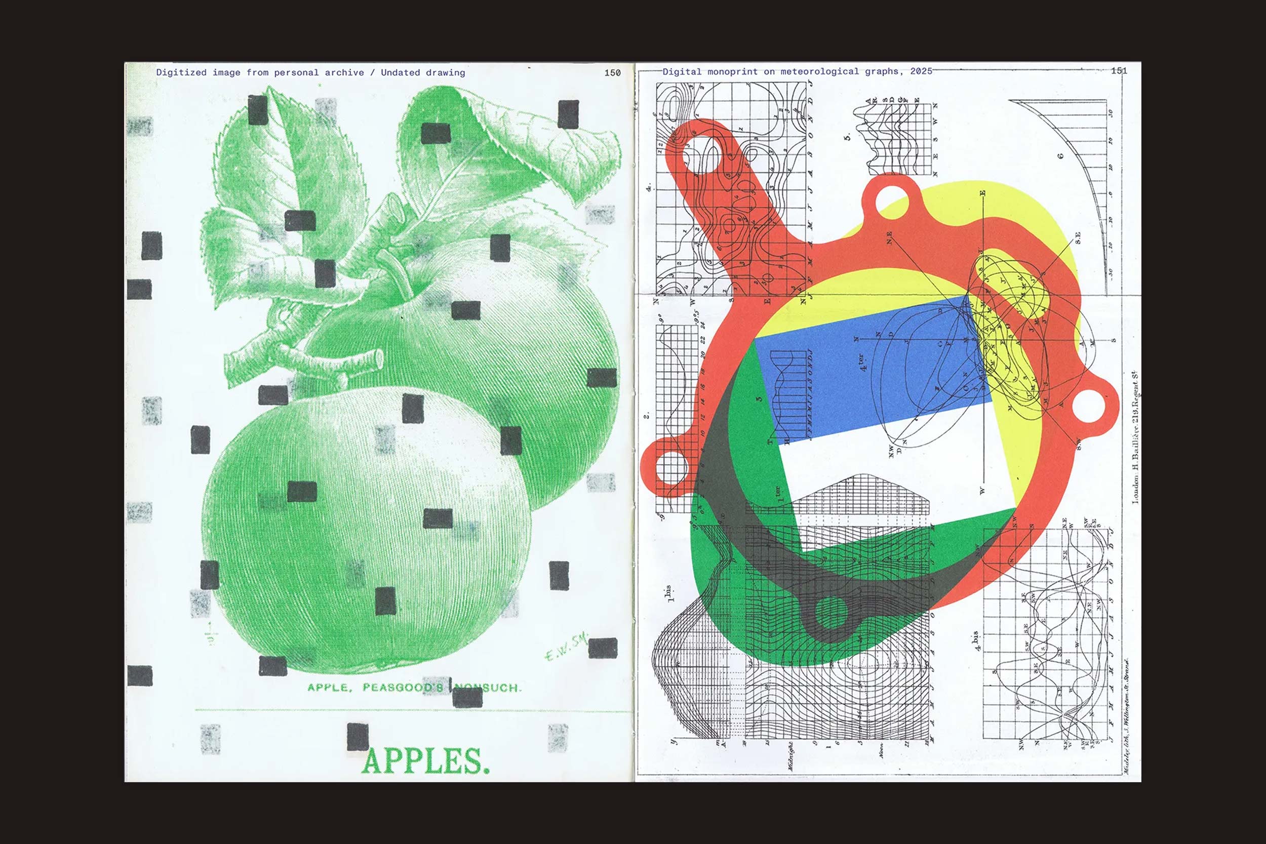 Duas maçãs verdes em um galho frondoso com quadrados pretos evocam o estilo de Karel Martens. À direita, formas e diagramas coloridos lembram um livro de artista no Stedelijk Museum - exatamente como *Karel Martens: Unbound* da Roma Publications.