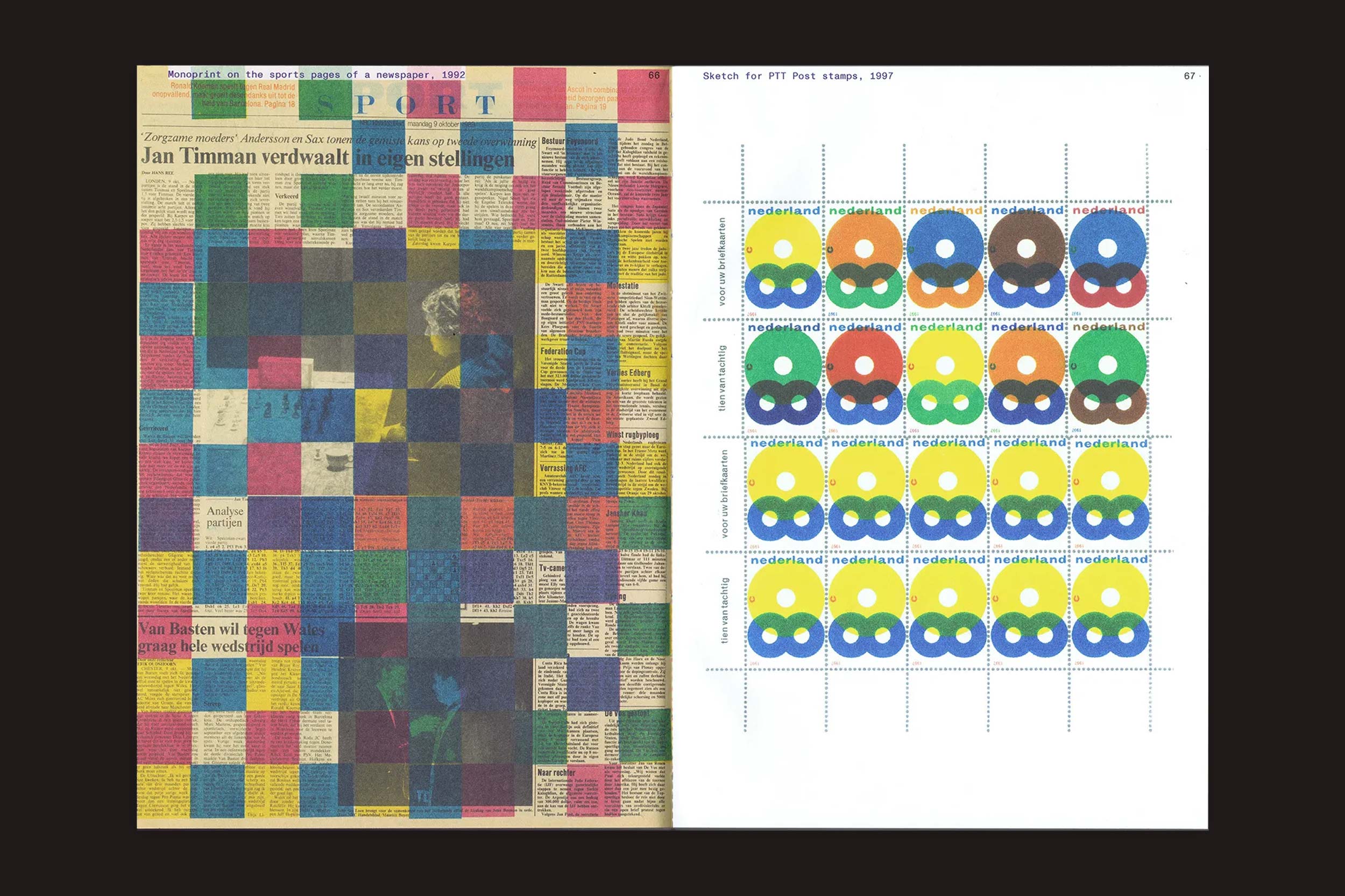 Karel Martens: Unbound, da Roma Publications, apresenta uma página à esquerda com uma colagem de jornal colorido e uma página à direita com formas abstratas e sobrepostas - ecoando o livro experimental de artista no Stedelijk Museum Amsterdam.