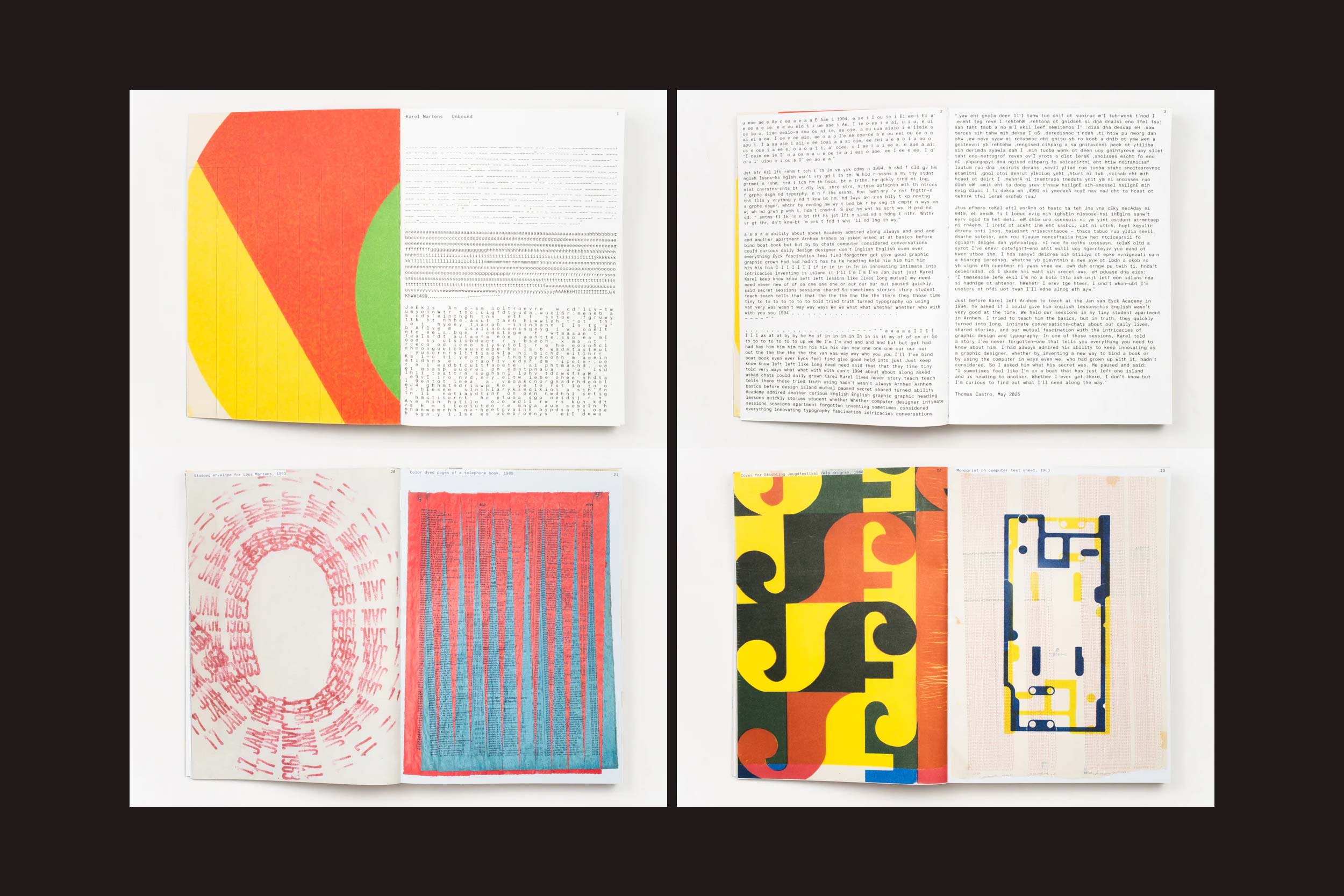 Karel Martens: Unbound, da Roma Publications, apresenta quatro livros abertos com arte geométrica abstrata inspirada em Martens nas páginas da esquerda e texto ou padrões em negrito na direita, tudo sobre um fundo preto sólido que lembra o Stedelijk Museum Amsterdam.
