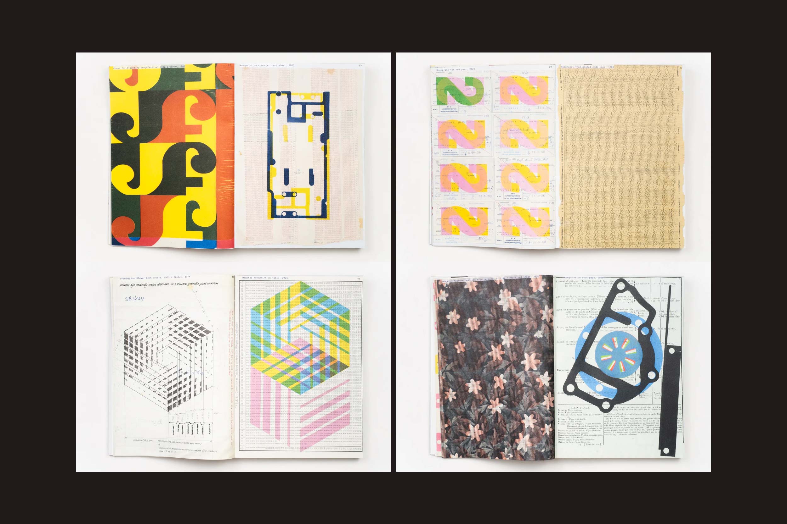 Quatro cópias abertas de "Karel Martens: Unbound" da Roma Publications estão dispostos em uma grade sobre um fundo escuro, cada um exibindo arte abstrata colorida e páginas cheias de dados no estilo característico de Martens.