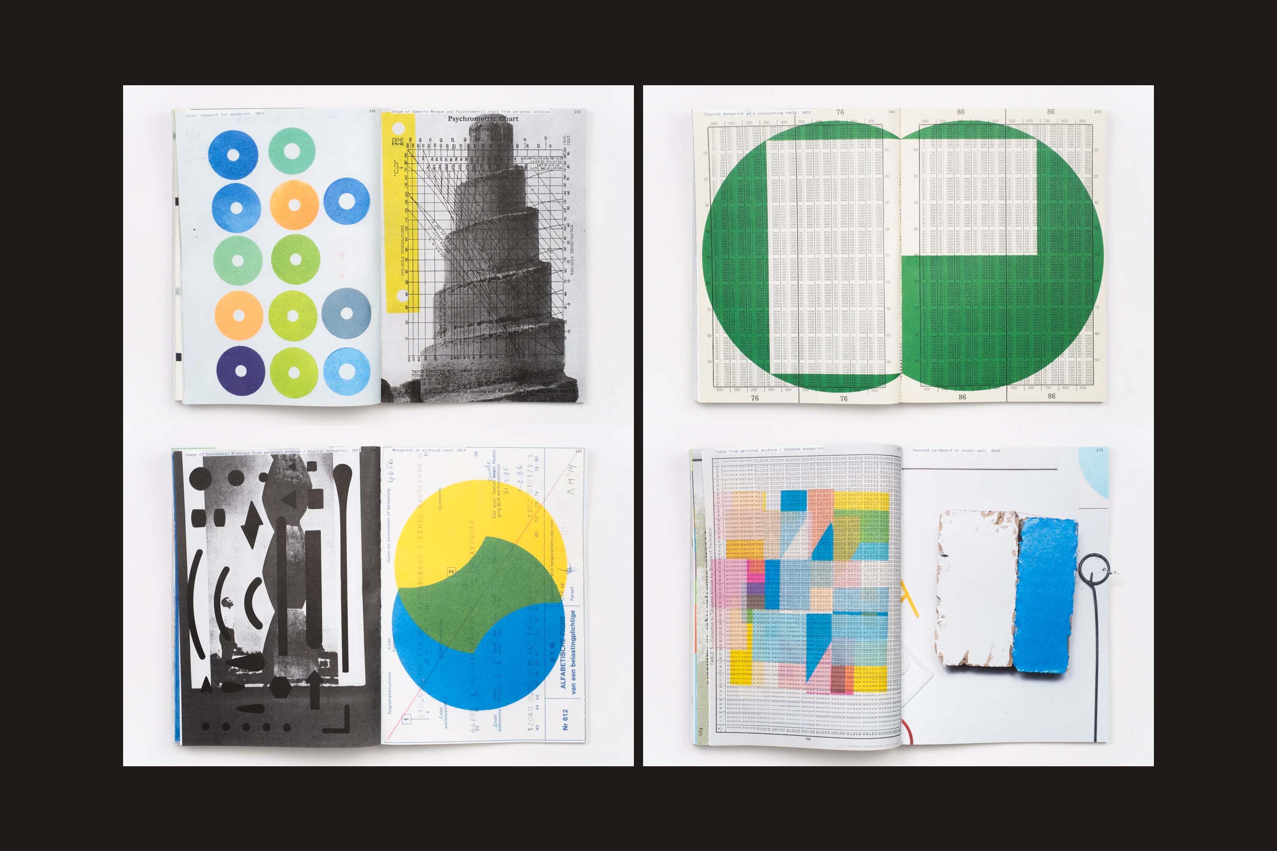 Quatro cópias abertas de Karel Martens: Unbound, da Roma Publications, apresentam arte abstrata vibrante com círculos, grades e padrões texturizados inspirados em obras de livros de artista, tudo em um impressionante fundo preto.