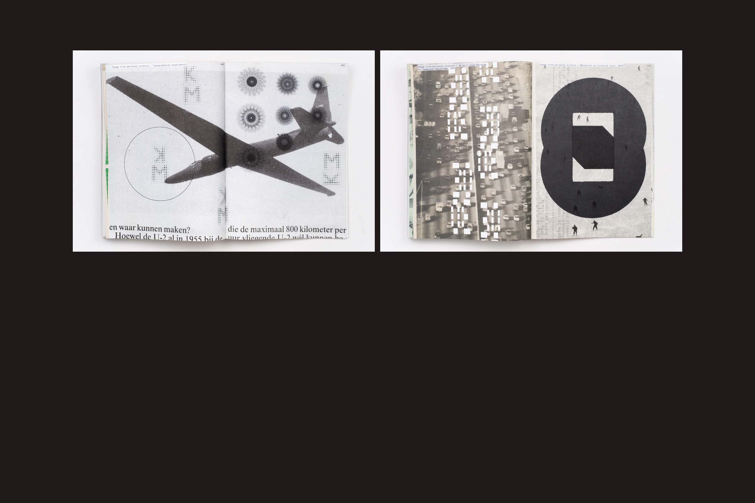 Dois livros abertos de "Karel Martens: Unbound", da Roma Publications, mostrados lado a lado; a página da esquerda apresenta um avião e círculos, enquanto a da direita exibe um grande recorte oval - evocando o estilo de colagem característico de Karel Martens.