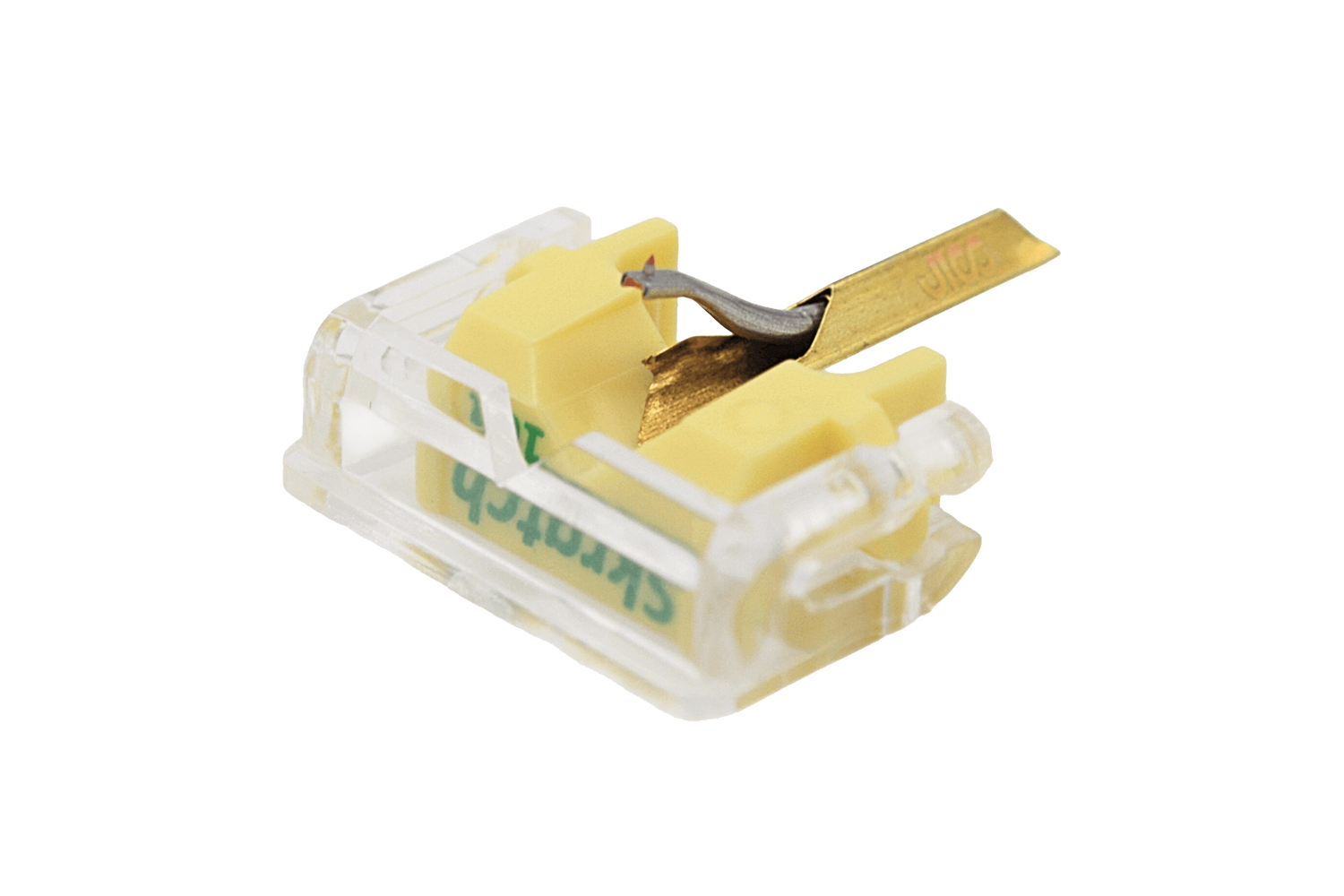 Um close-up da caneta stylus de reposição de duas peças Jico SKRATCH 101 - Kit de 2 agulhas, com componentes amarelos e transparentes, com uma agulha de metal visível e uma etiqueta verde, exibida em um fundo branco.