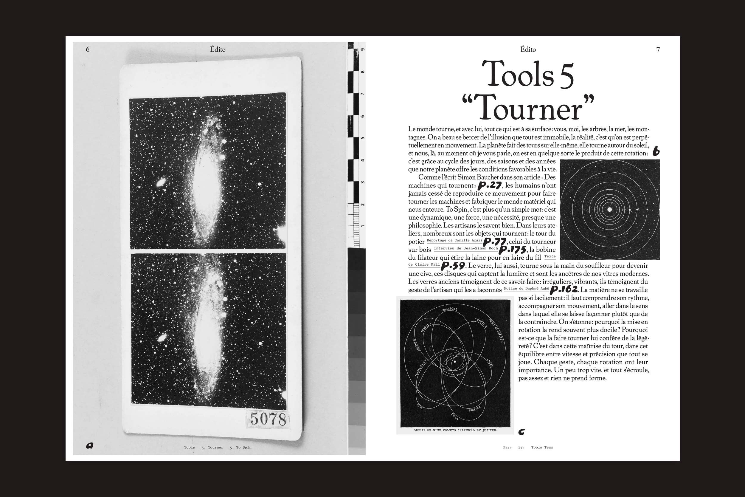 Uma página de duas páginas: a esquerda mostra duas fotos astronômicas em preto e branco identificadas como 5078; a página da direita apresenta Tools #5 - To Spin by Tools, com texto em francês e diagramas de rotação e movimento circular.