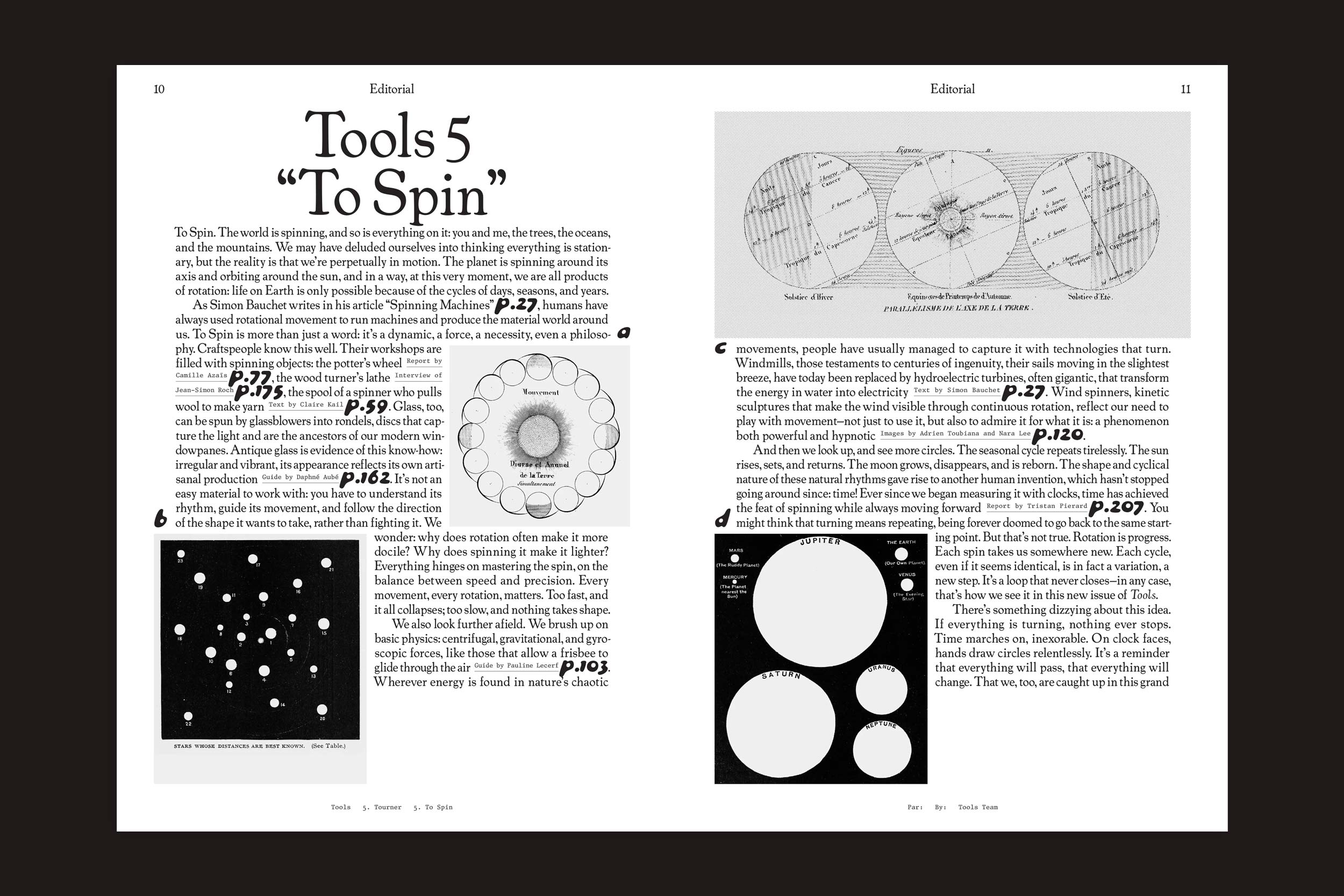 A página da revista Tools #5 - To Spin da Tools apresenta texto e quatro diagramas de engrenagens e campos estelares, ilustrando técnicas de fabricação ou conceitos astronômicos sobre rotação. As legendas e os números de página estão incluídos.