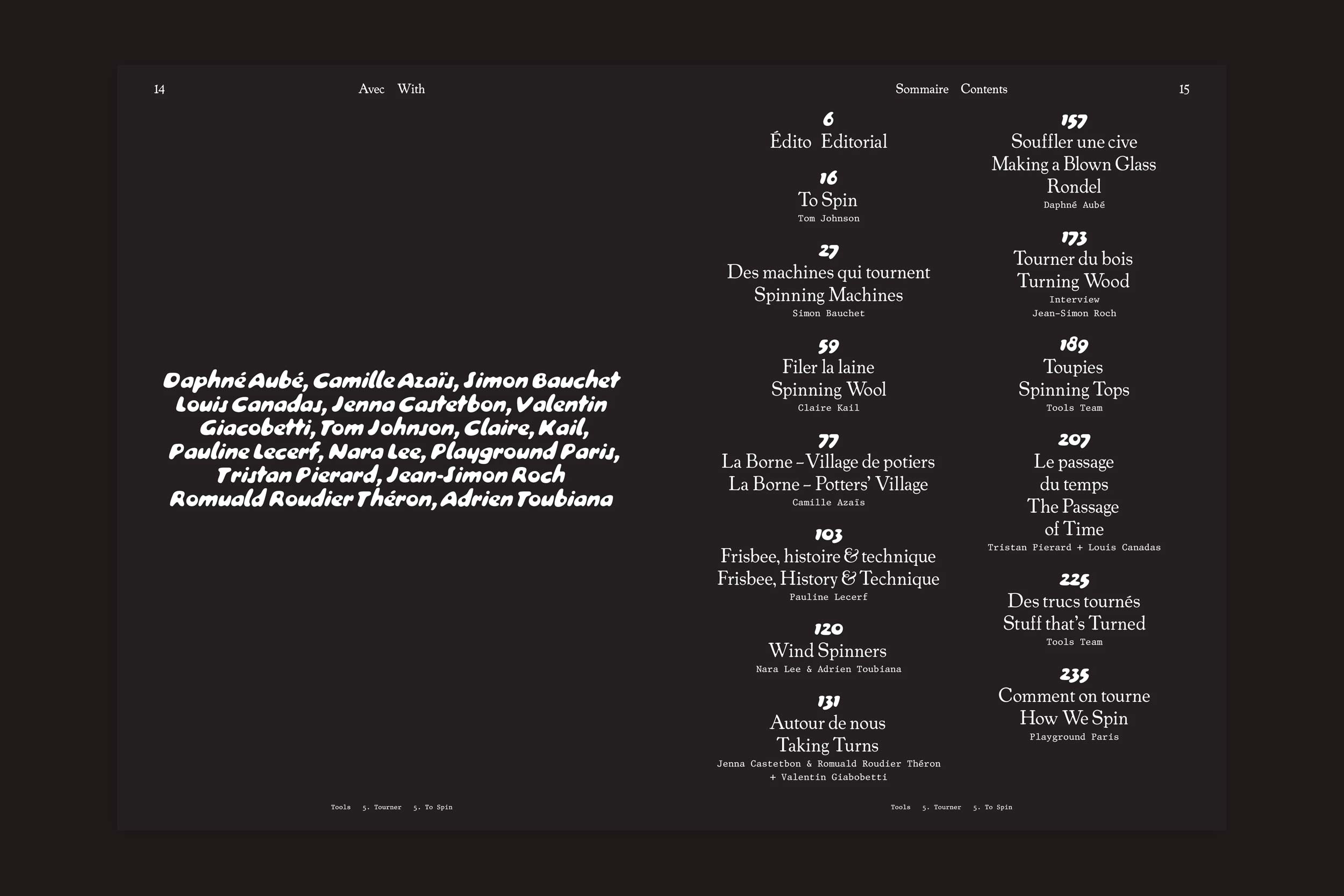 Uma página de duas páginas de Tools #5 - To Spin by Tools apresenta um fundo preto com texto branco. A página da esquerda lista os colaboradores em itálico grande; a da direita, inspirada no movimento circular, exibe um índice em francês.