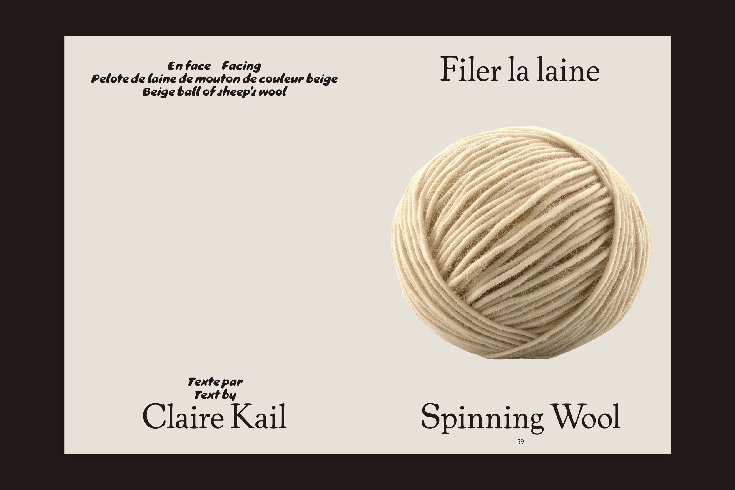 Um novelo de lã de ovelha bege centralizado em creme, emoldurado por um texto em francês e inglês em preto, apresenta "Tools #5 - To Spin" (Ferramentas nº 5 - Para fiar) da Tools, creditando Claire Kail e fazendo referência a técnicas de arte e design.