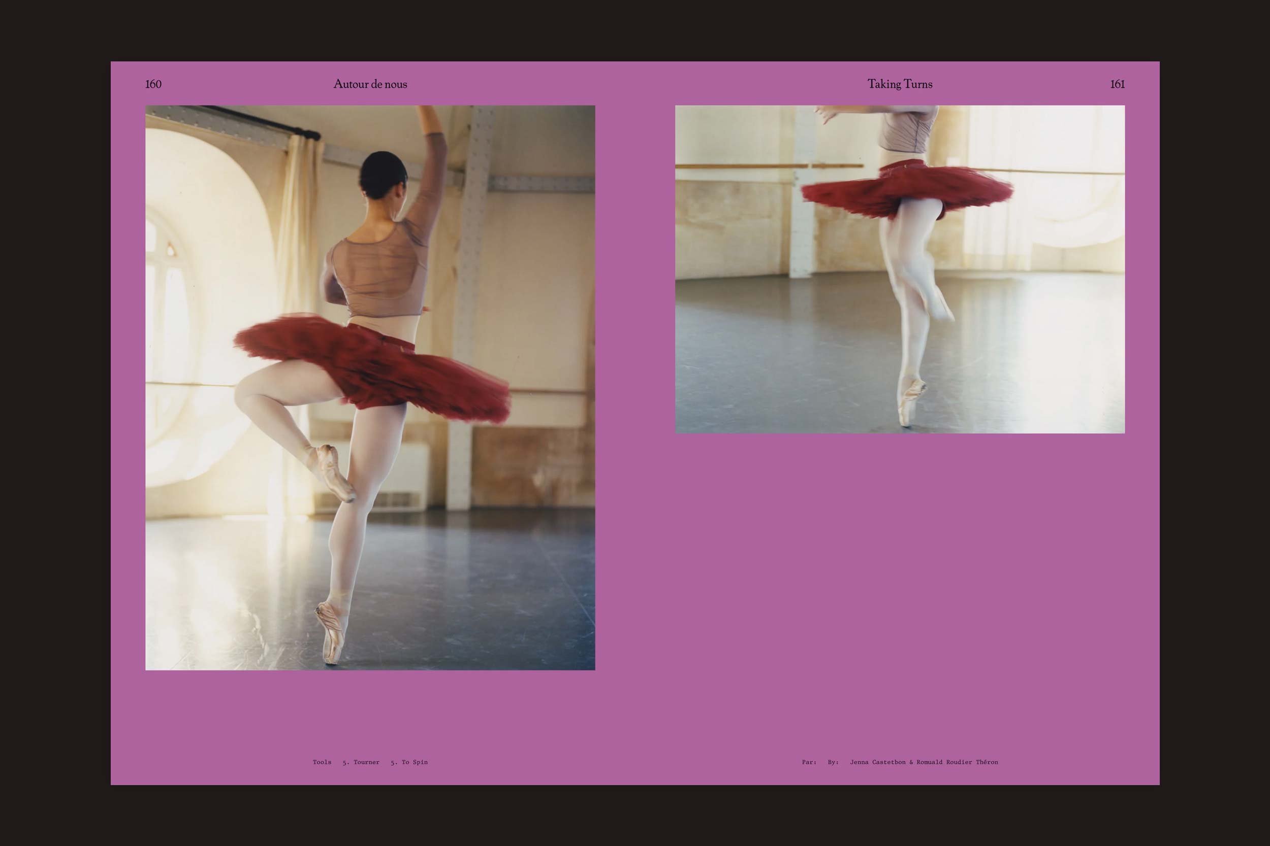 Uma bailarina com um tutu vermelho e sapatilhas de ponta posa graciosamente em um estúdio de dança, mostrada por trás. Tools #5 - To Spin by Tools destaca a arte, exibida duas vezes em um fundo roxo - uma imagem grande e outra pequena.