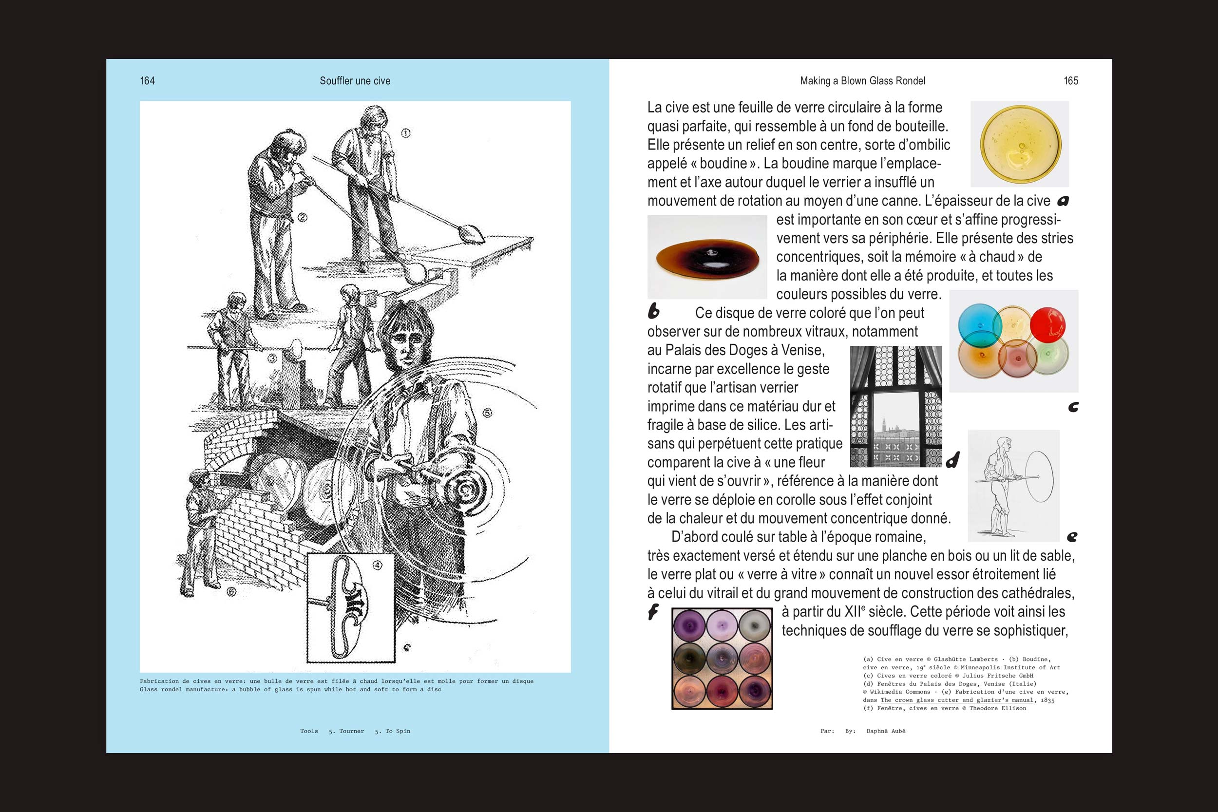 Em Tools #5 - To Spin by Tools, uma página de duas páginas apresenta uma ilustração de sopradores de vidro em preto e branco à esquerda e um texto em francês/inglês com fotos coloridas de objetos de vidro, discos e o processo do forno de rotação à direita.